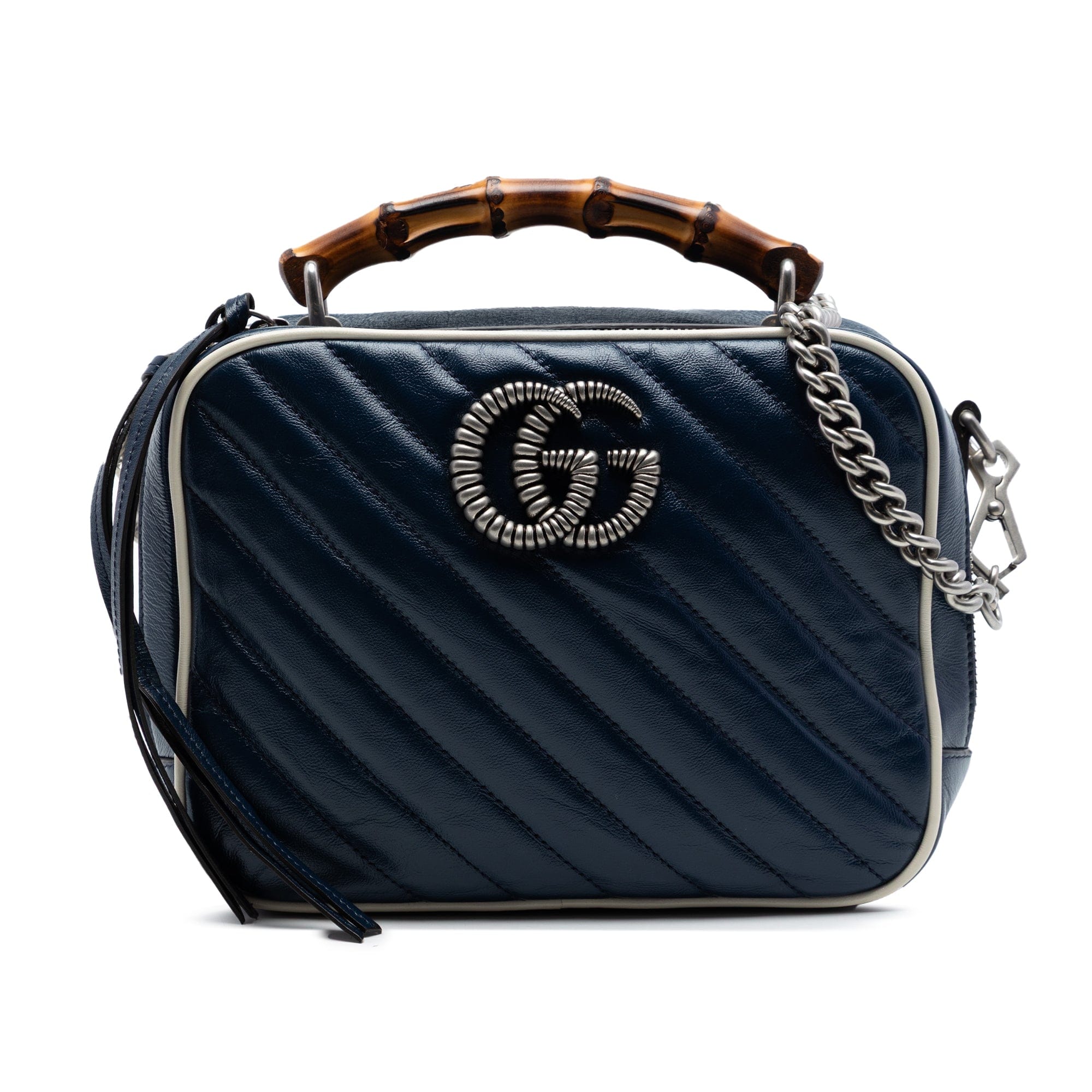 Gucci Small GG Marmont Matelasse Diagonal Leather Torchon Bamboo Satchel