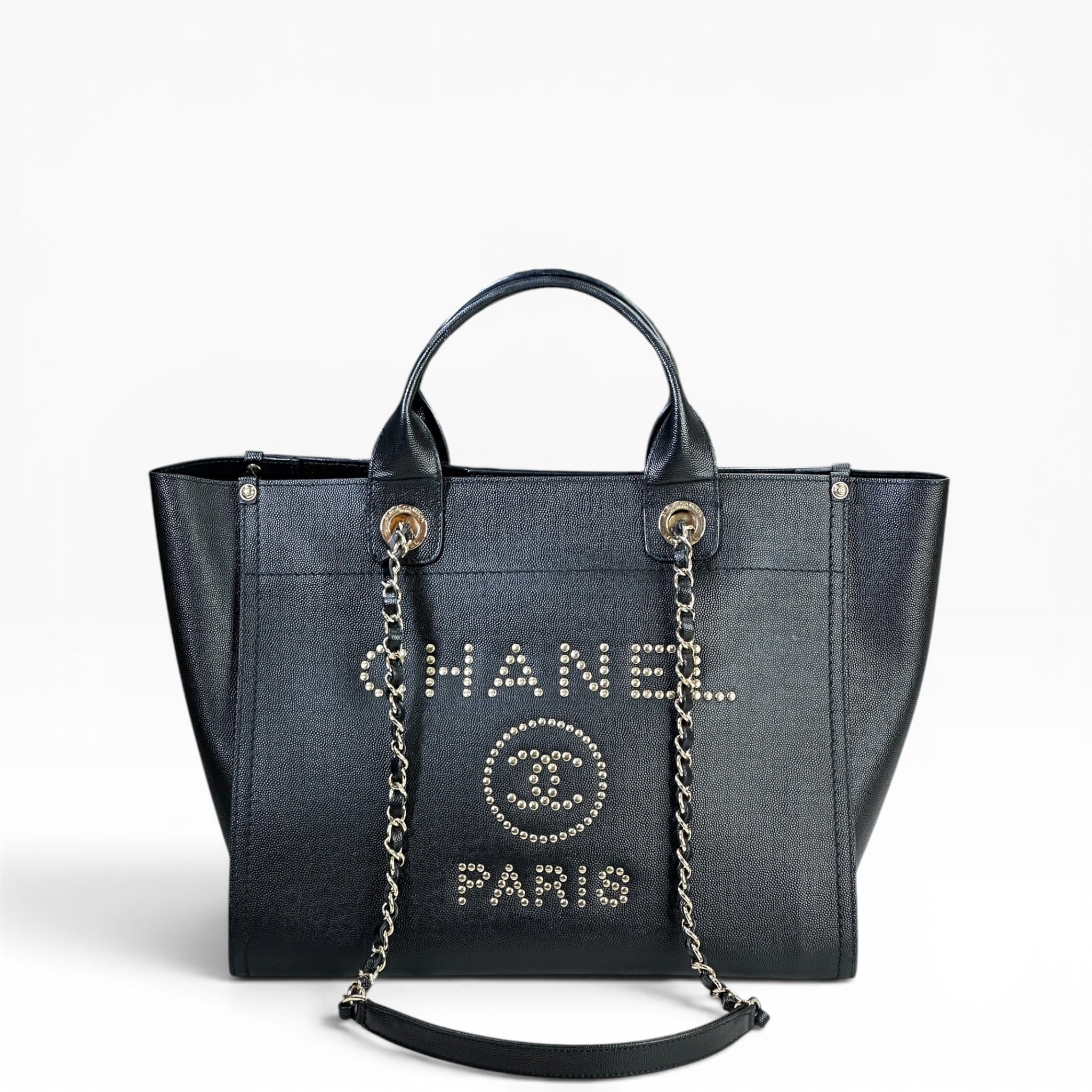 Chanel Studded Deauville Black Caviar Leather Medium Tote