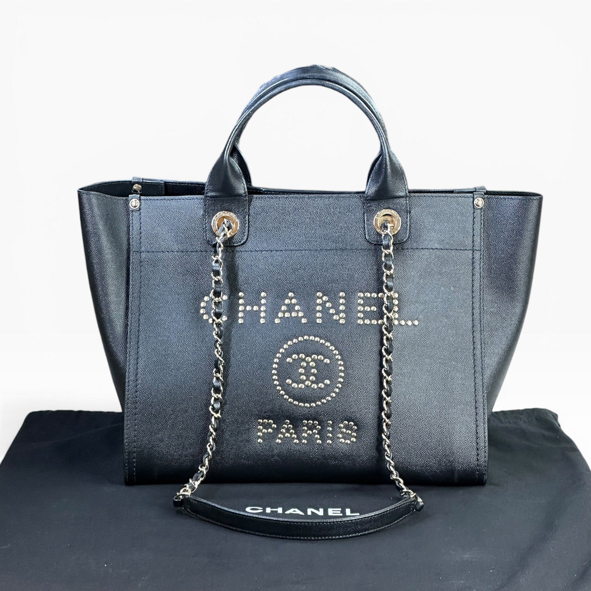 Chanel Studded Deauville Black Caviar Leather Medium Tote