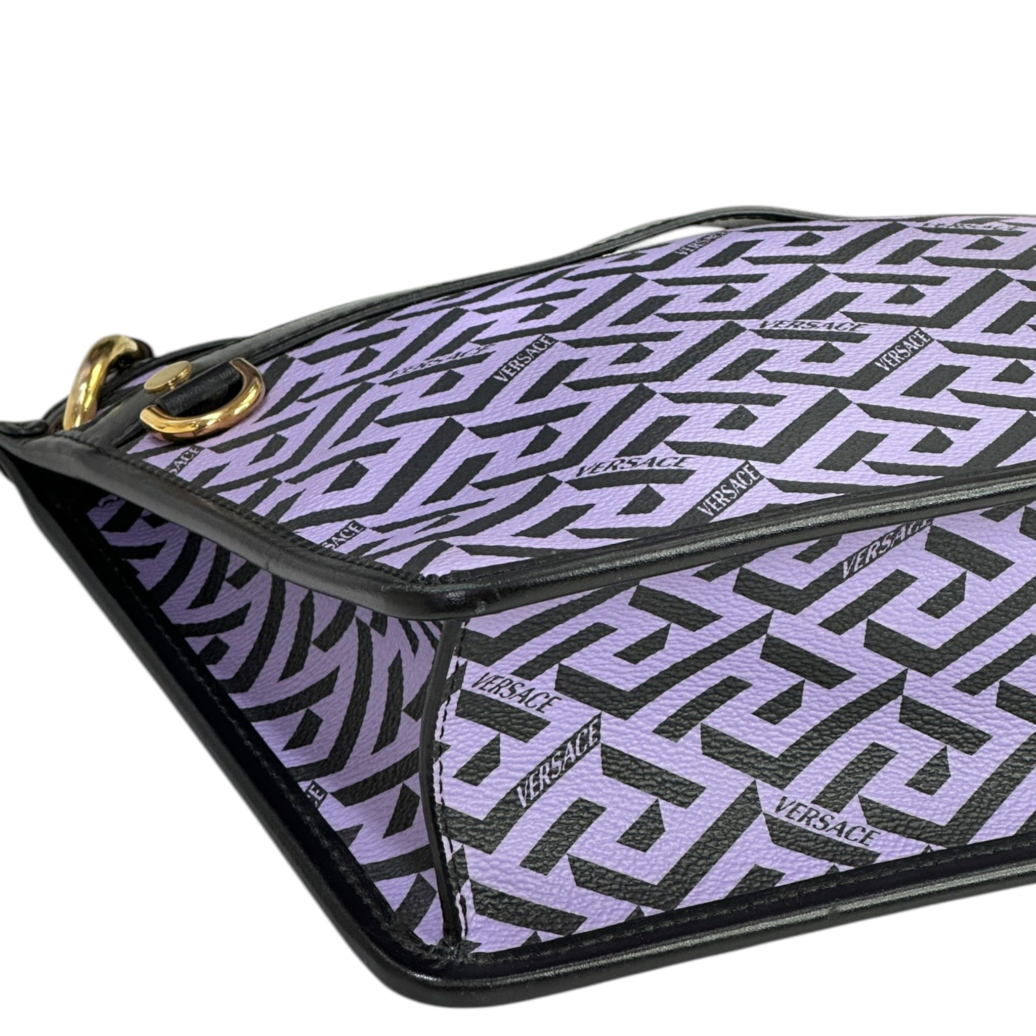 Versace La Greca Signature Sling Pouch Purple Black geometric pattern canvas