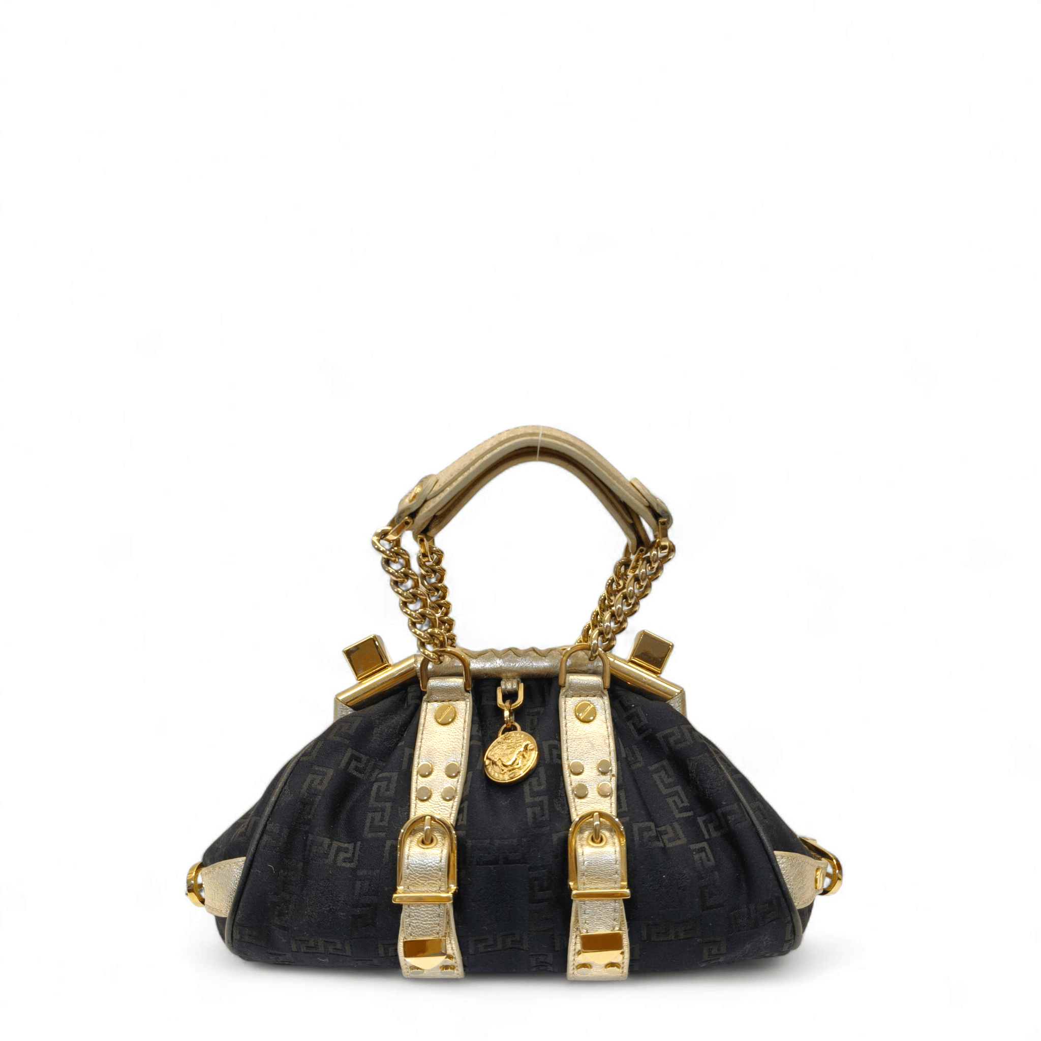 Versace Black/Gold Monogram Fabric and Leather Madonna Framed Satchel Bag