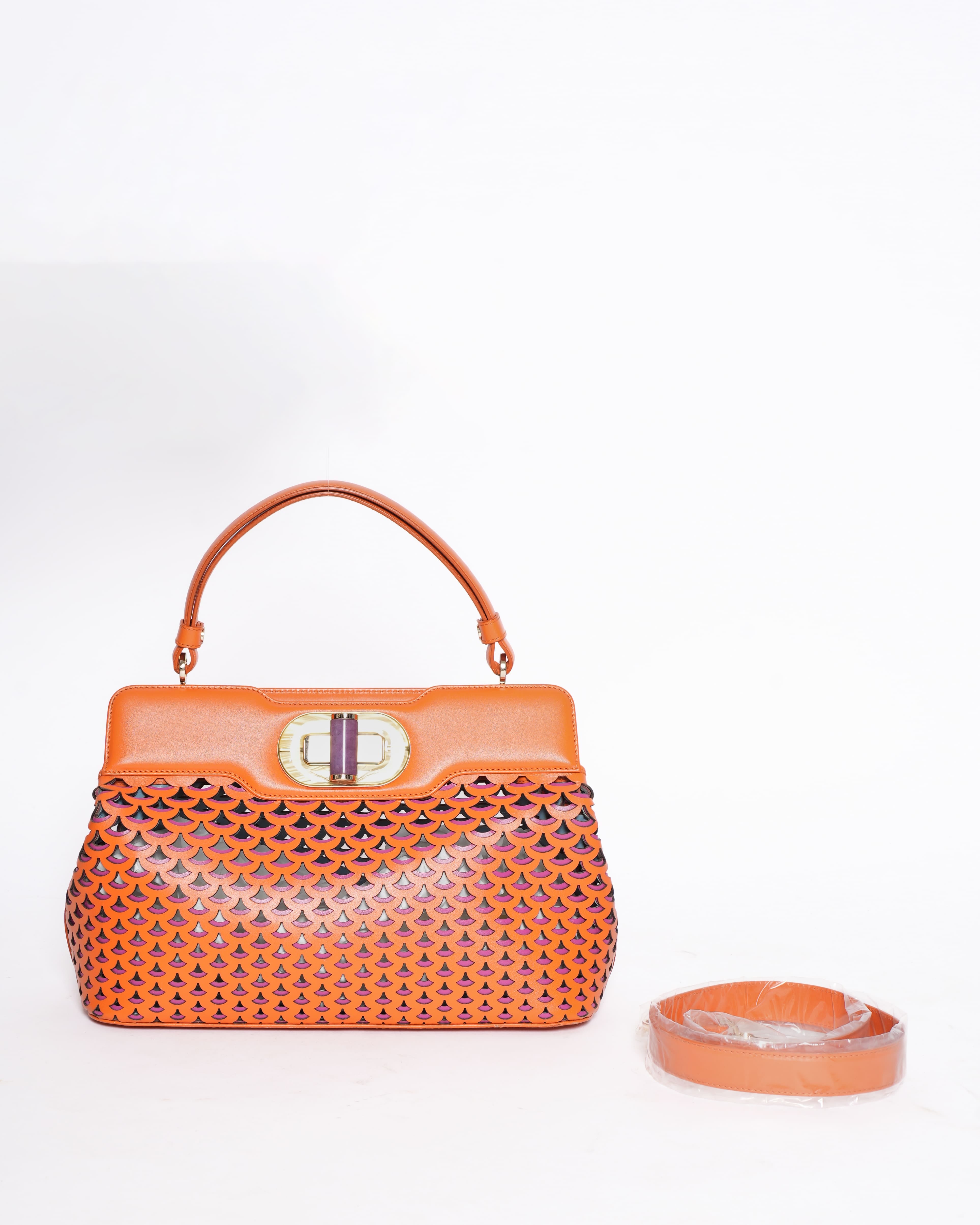 Bvlgari New Bvlgari Orange Laser Cut Leather Isabella Rossellini Tote