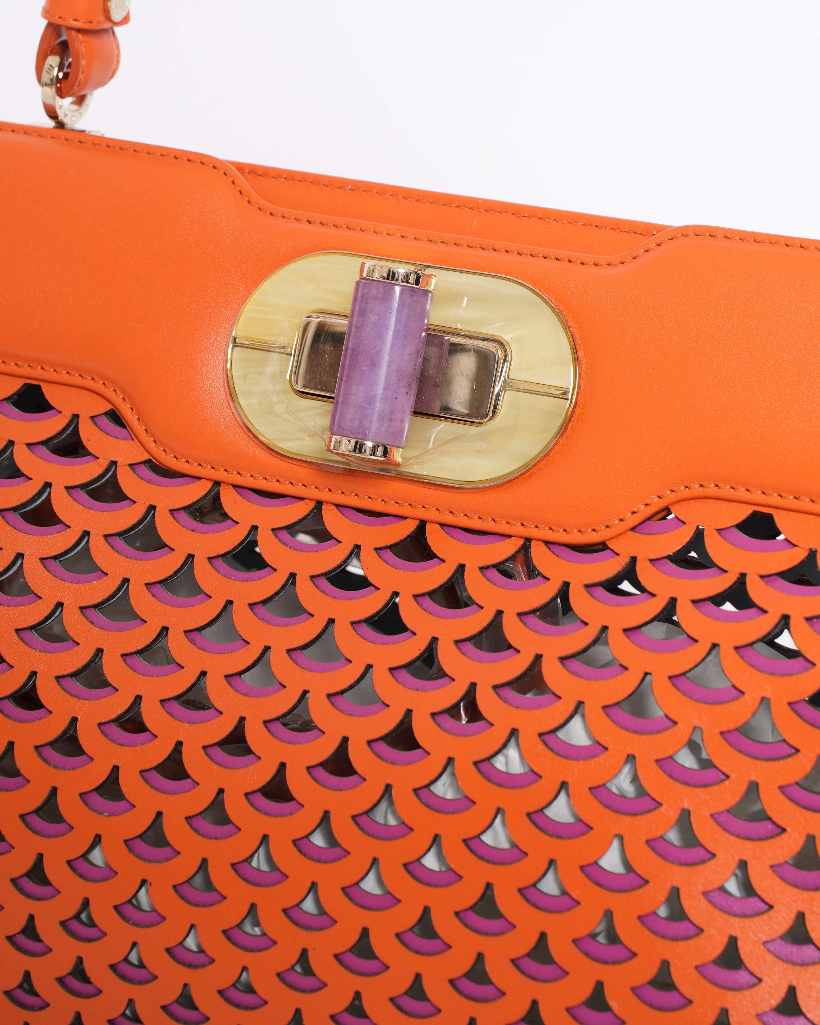 Bvlgari New Bvlgari Orange Laser Cut Leather Isabella Rossellini Tote