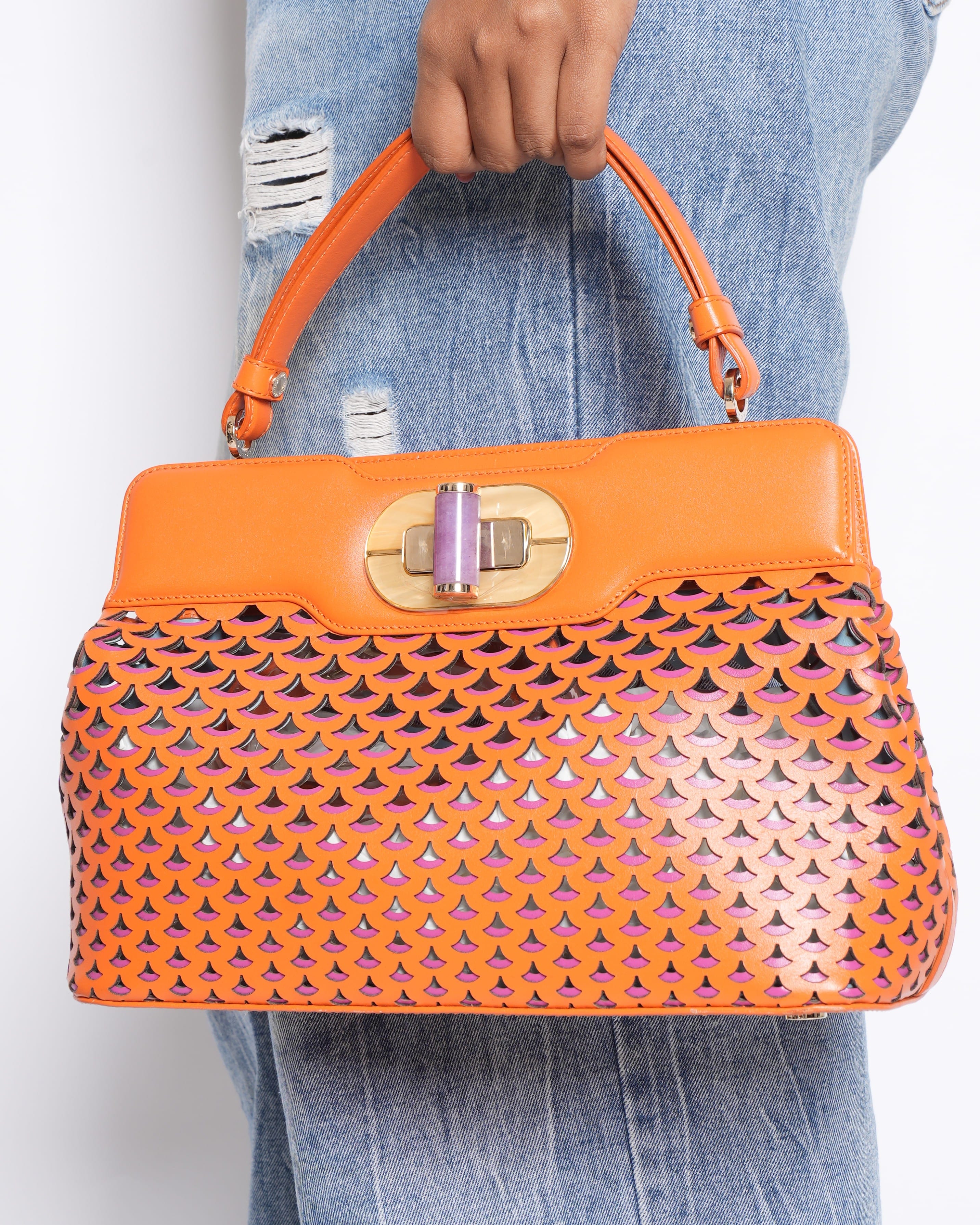 Bvlgari New Bvlgari Orange Laser Cut Leather Isabella Rossellini Tote