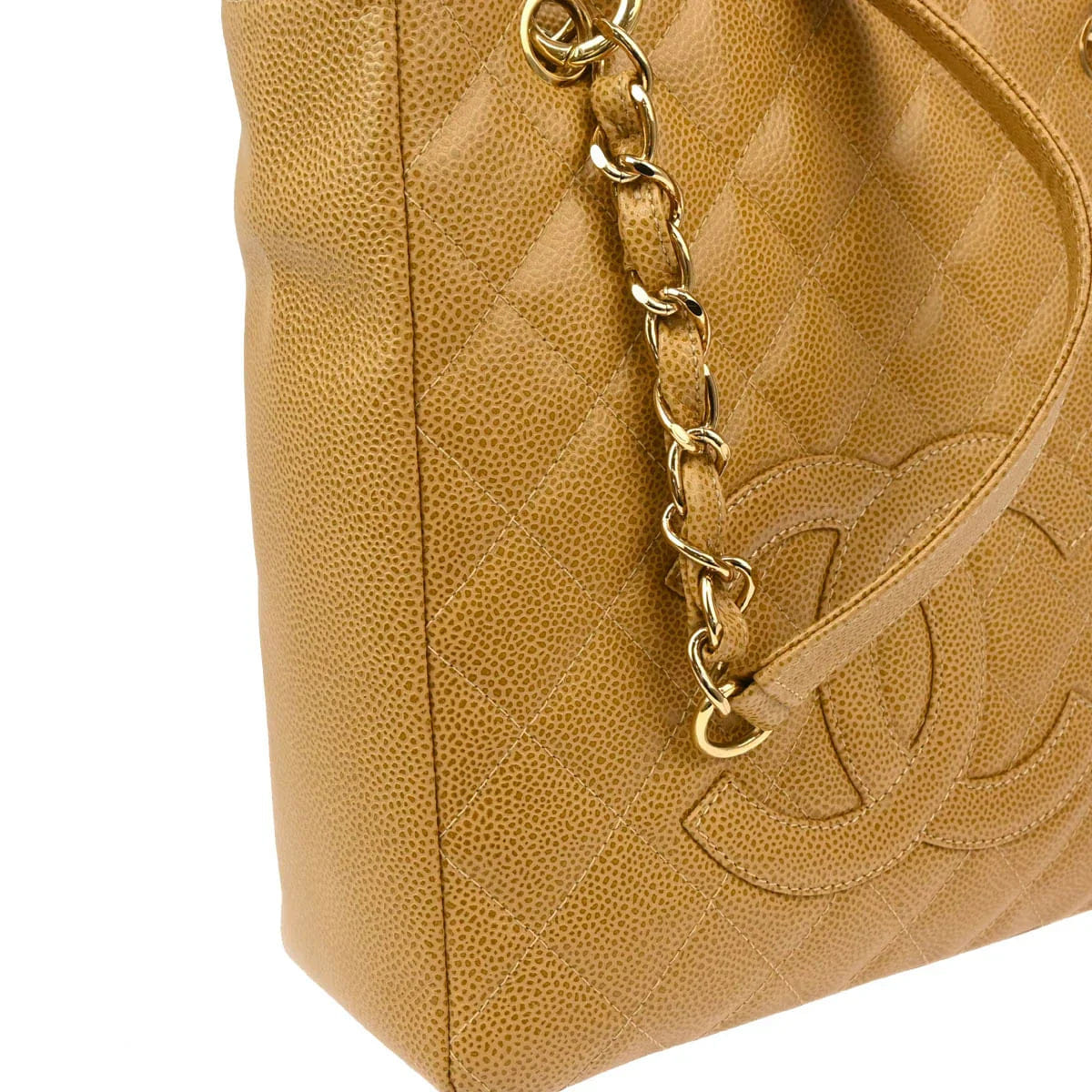 Chanel 2003 - 2004 Beige Caviar Petite Shopping Tote PST Chain Handbag