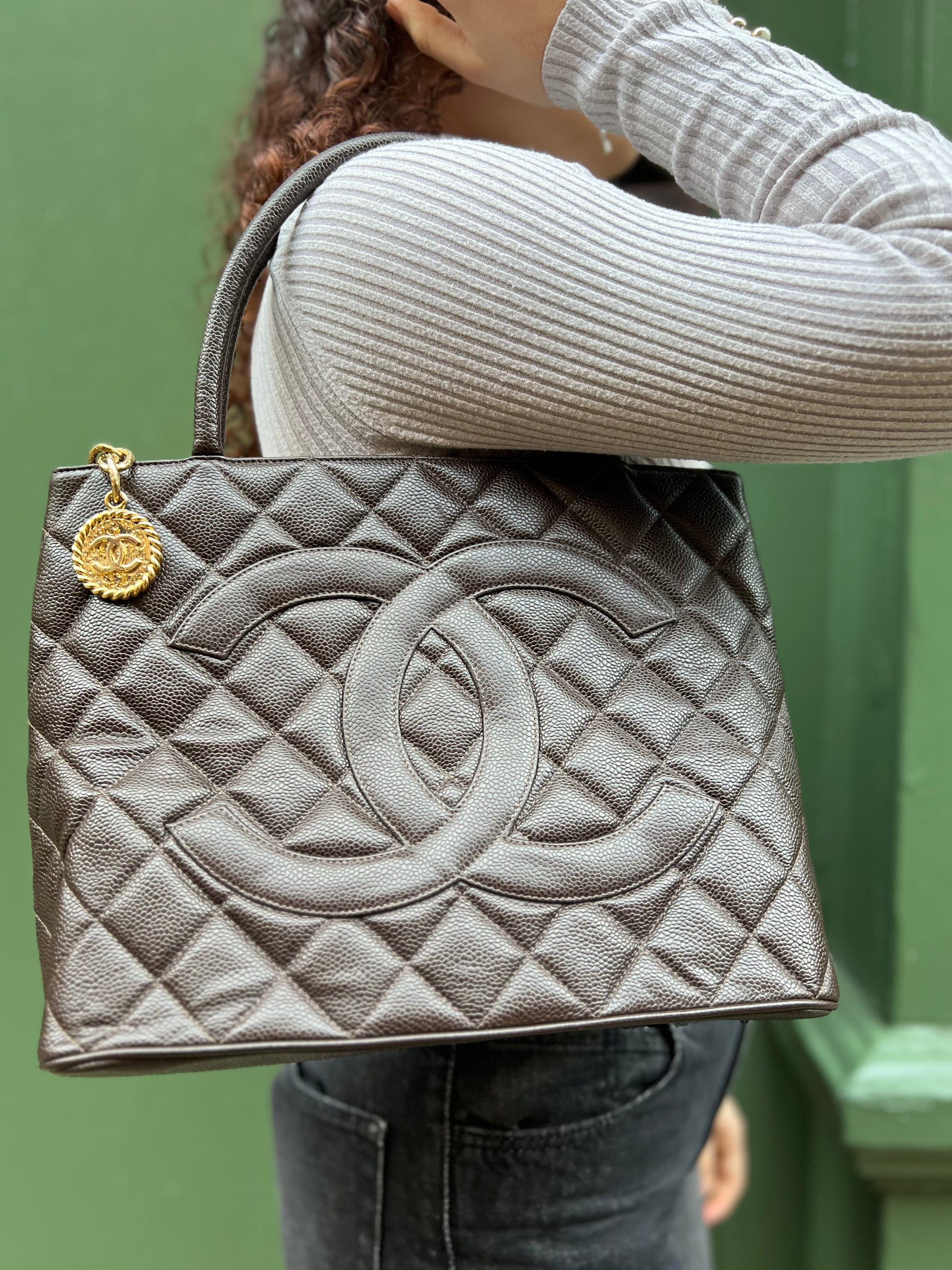 Chanel Chocolate Dark Brown Caviar Leather Medallion Tote