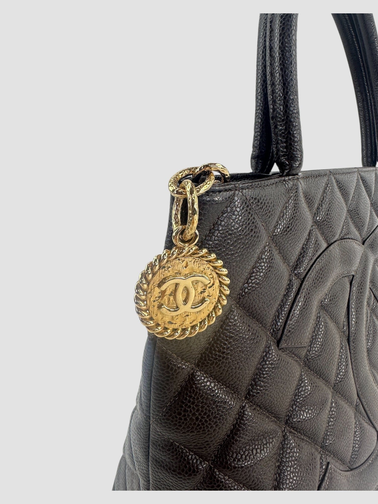 Chanel Chocolate Dark Brown Caviar Leather Medallion Tote