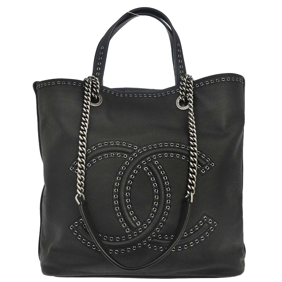 Chanel 2019 Black Caviar Skin Coco Eyelets Large Shopping Tote 2way Shoulder Chain Handbag