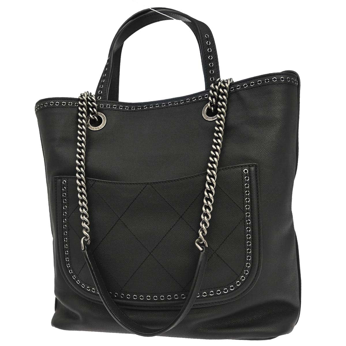 Chanel 2019 Black Caviar Skin Coco Eyelets Large Shopping Tote 2way Shoulder Chain Handbag
