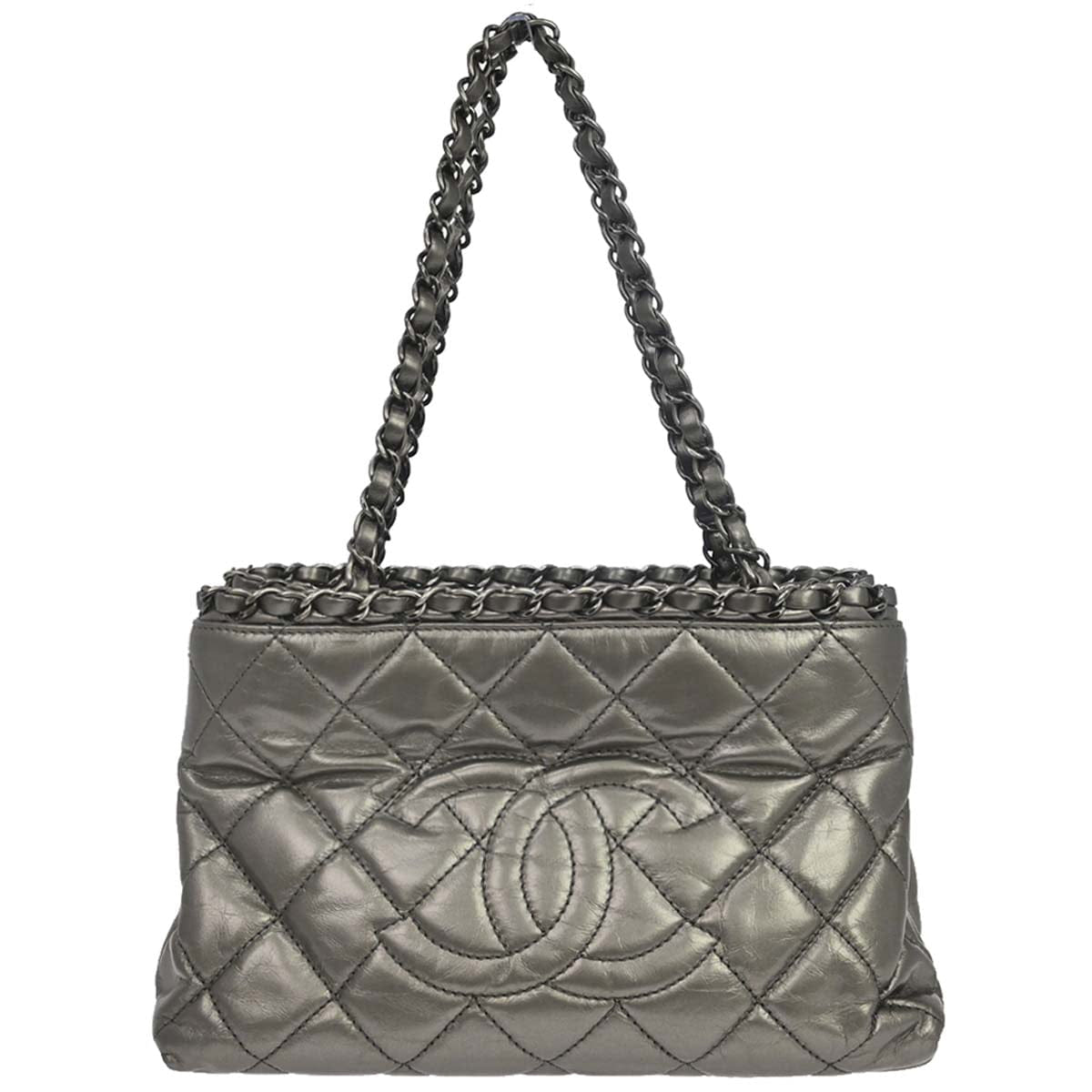 Chanel 2012 Metallic Silver Calfskin Chain Me Tote Handbag