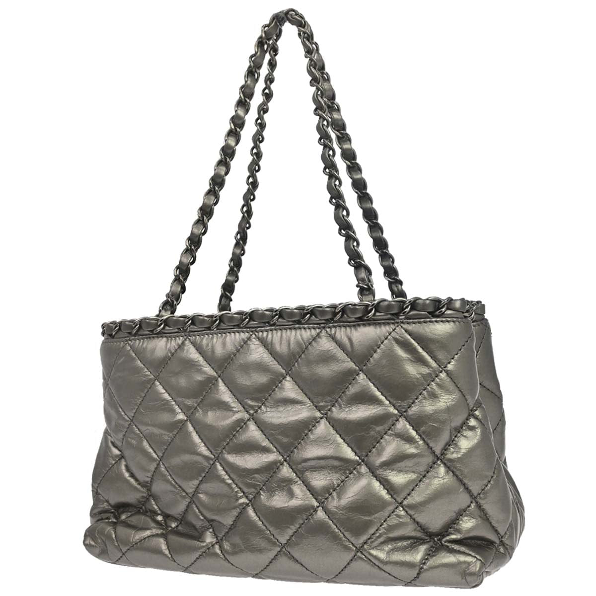 Chanel 2012 Metallic Silver Calfskin Chain Me Tote Handbag