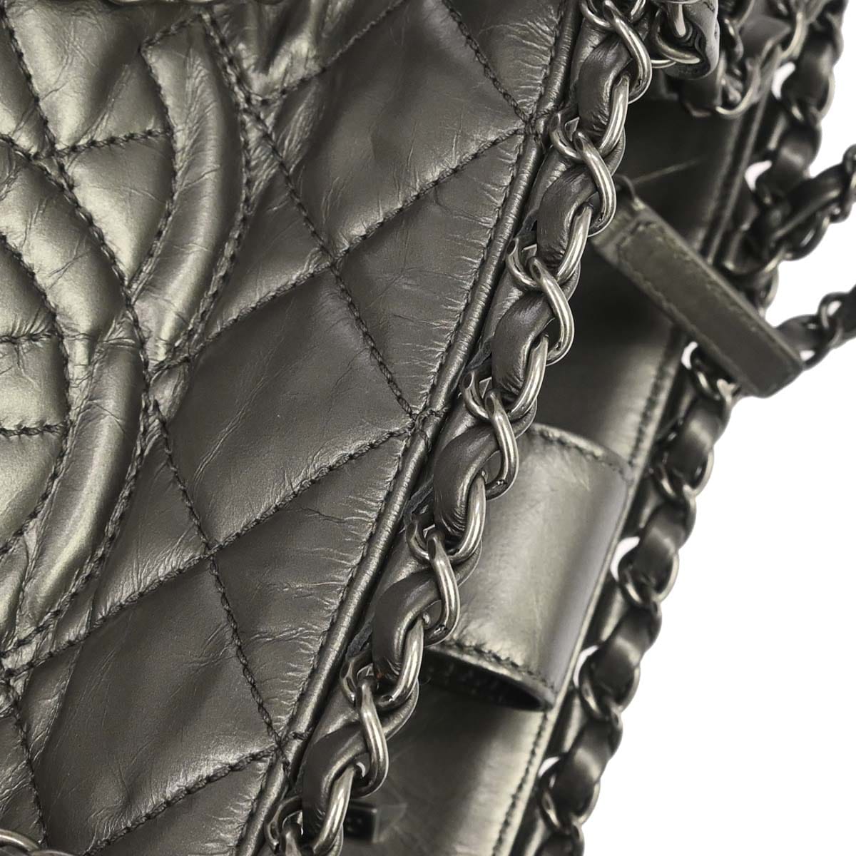 Chanel 2012 Metallic Silver Calfskin Chain Me Tote Handbag