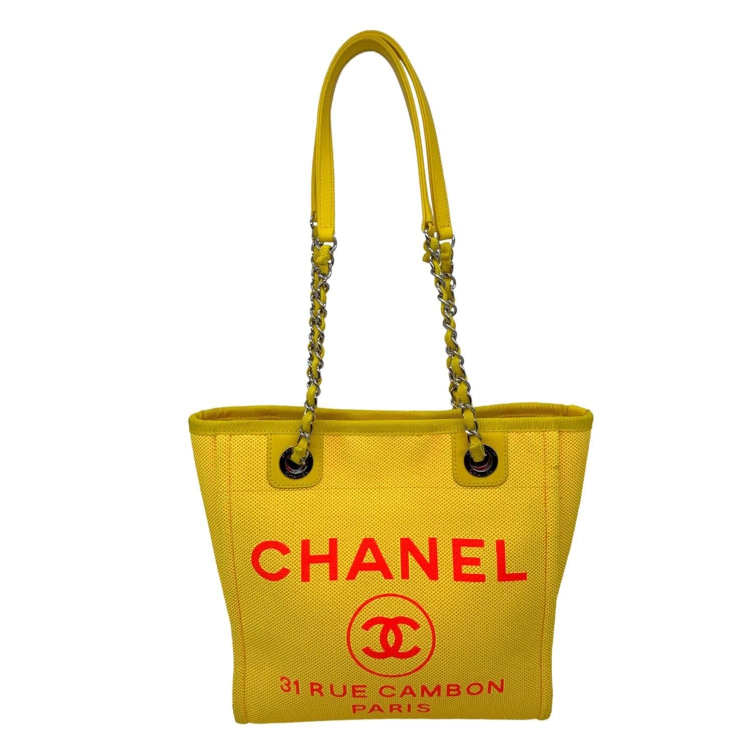 CHANEL Deauville Mini Canvas Shopping Tote Bag Yellow