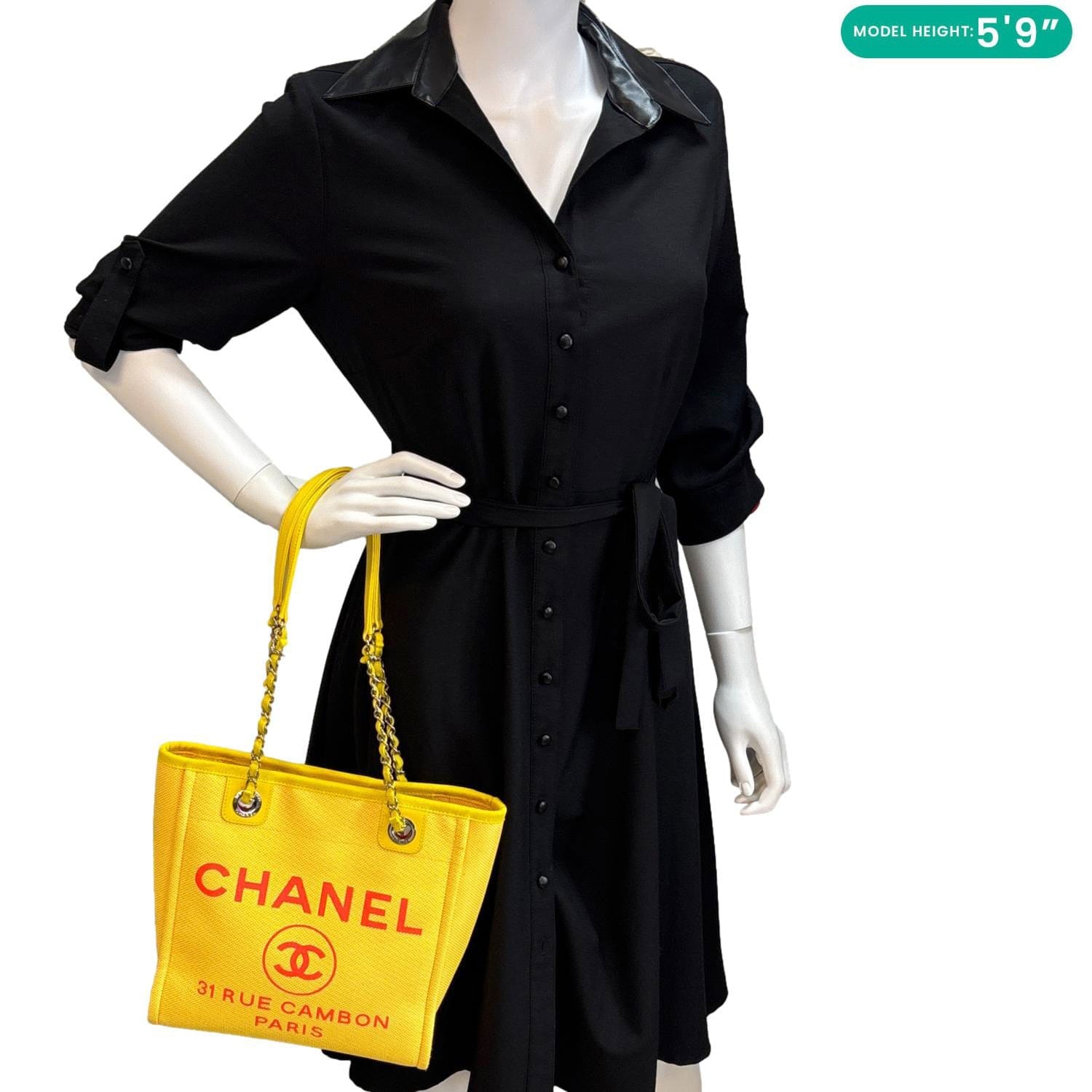 CHANEL Deauville Mini Canvas Shopping Tote Bag Yellow