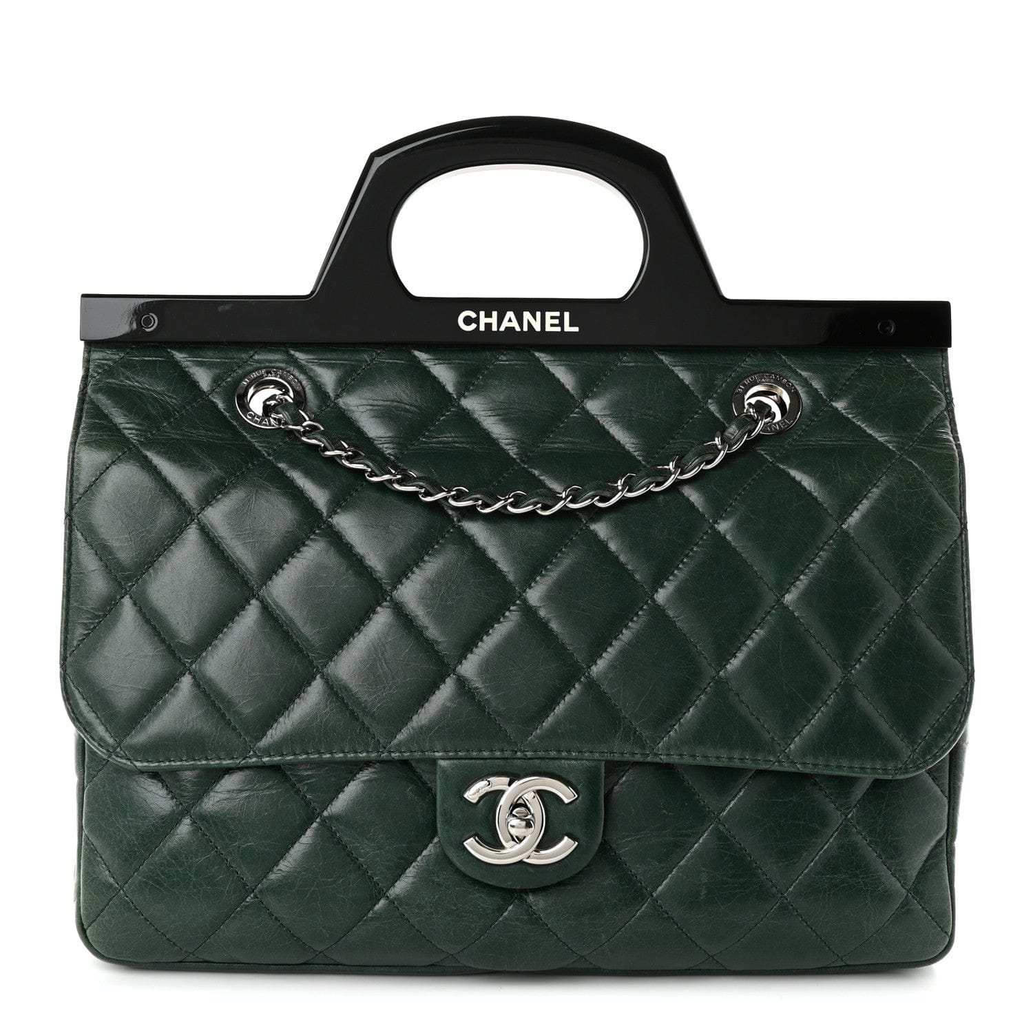 Chanel Glazed Calfskin Quilted Small CC Delivery Tote Dark Green