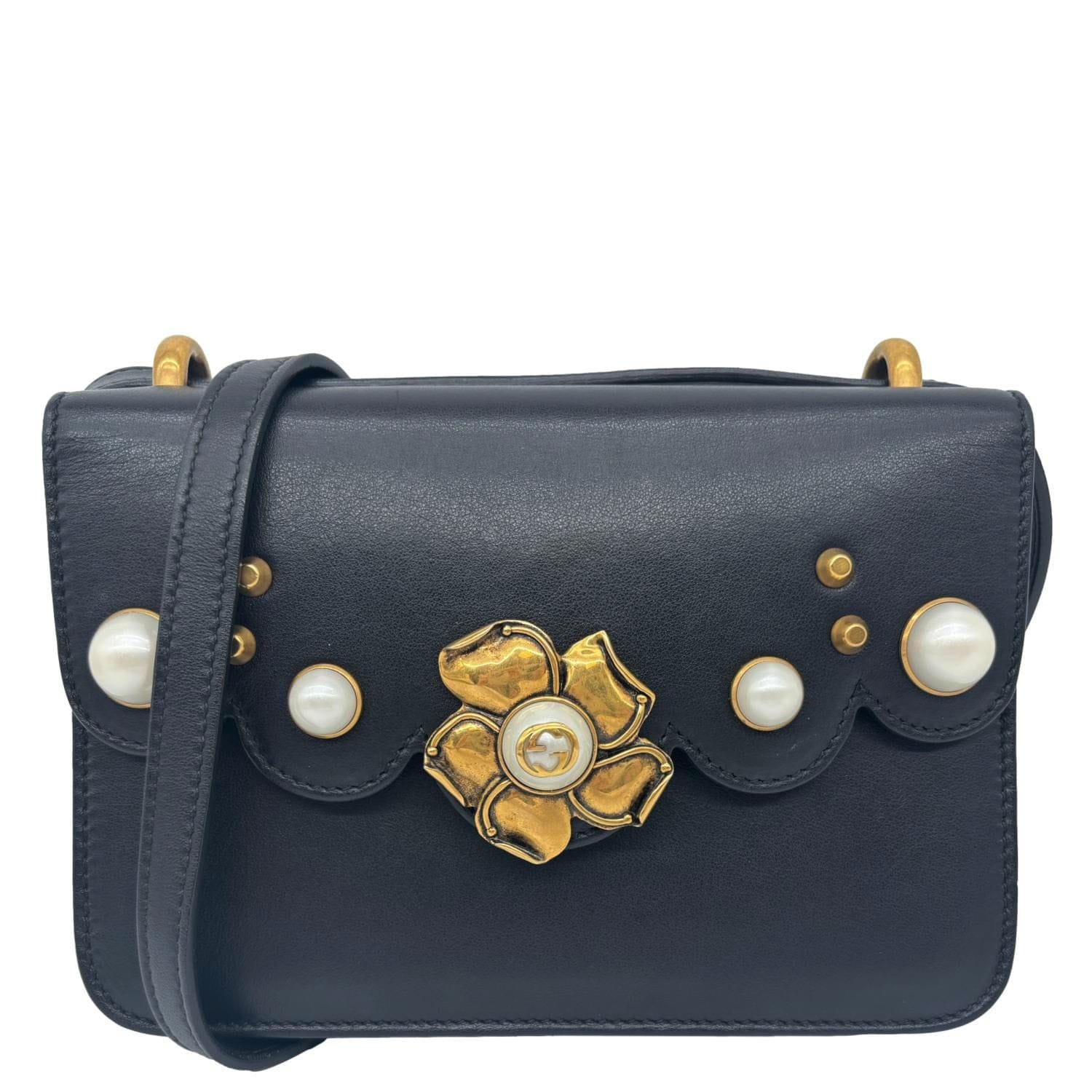 GUCCI Pearly Peony Leather Chain Shoulder Bag Black 432682