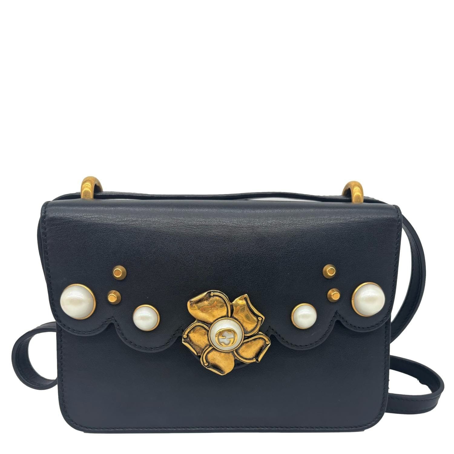 GUCCI Pearly Peony Leather Chain Shoulder Bag Black 432682