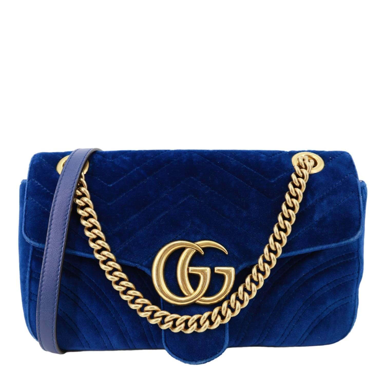 GUCCI GG Marmont Small Matelasse Velvet Shoulder Bag Blue 443497