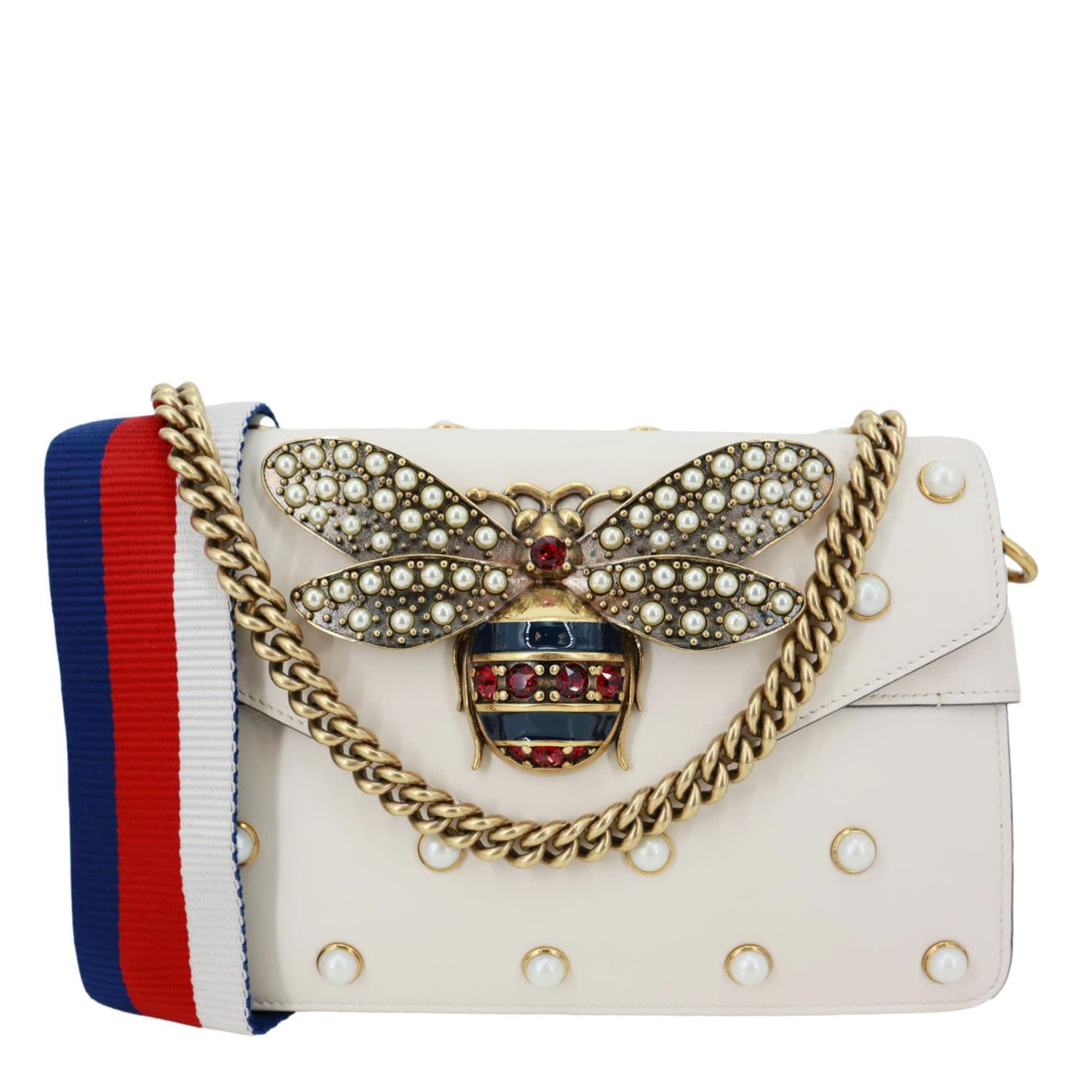 GUCCI Broadway Pearl Bee Mini Leather Shoulder Bag White 453778