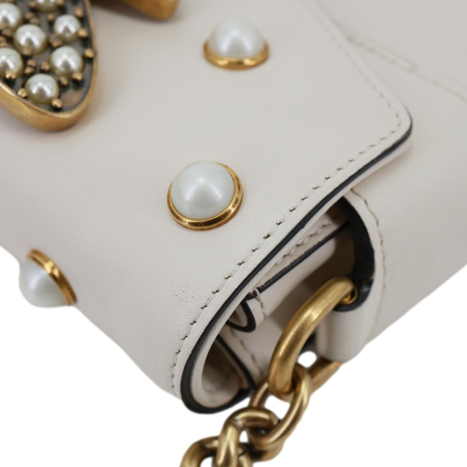 GUCCI Broadway Pearl Bee Mini Leather Shoulder Bag White 453778