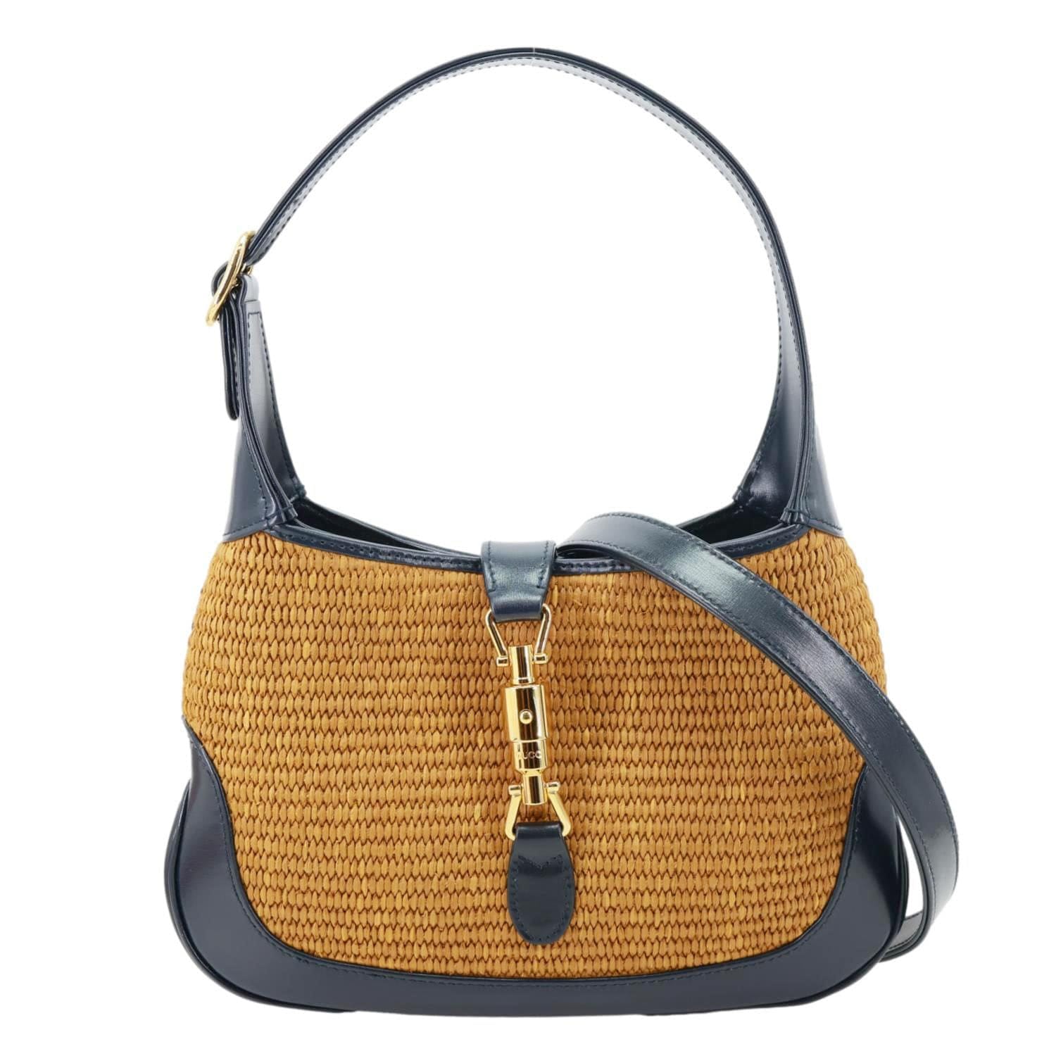 GUCCI Jackie 1961 Small Raffia Straw Lux Shoulder Bag Navy Blue 636706