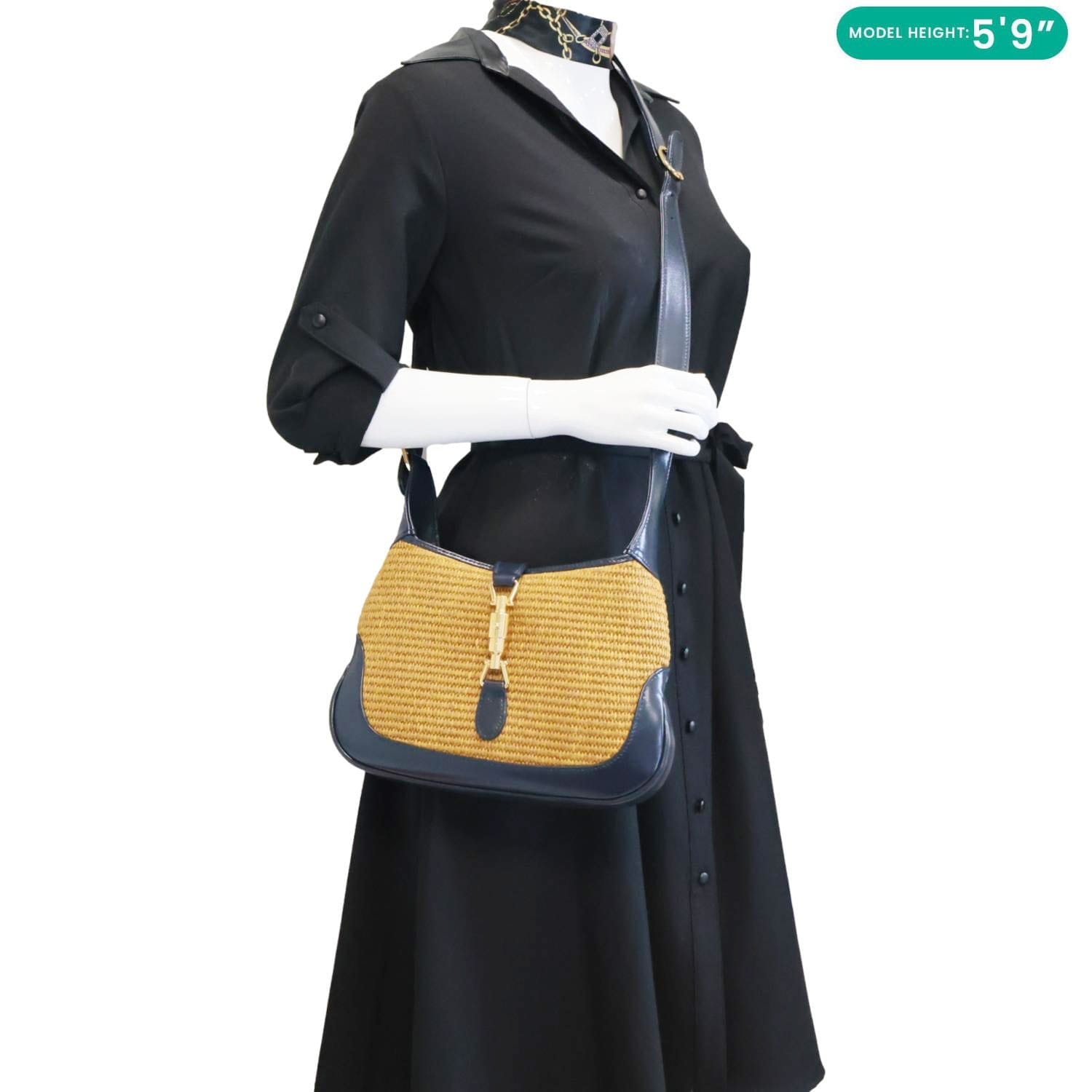 GUCCI Jackie 1961 Small Raffia Straw Lux Shoulder Bag Navy Blue 636706