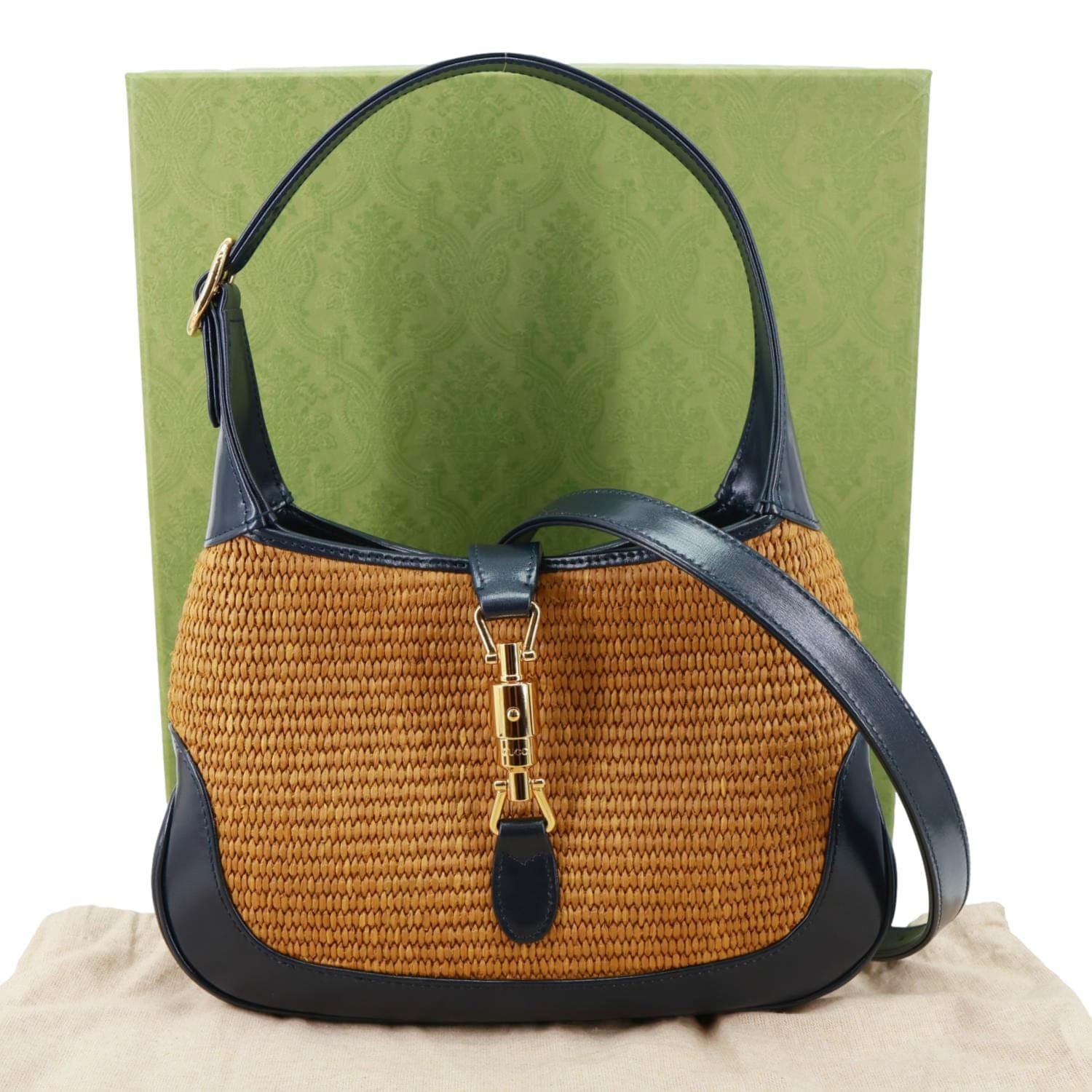 GUCCI Jackie 1961 Small Raffia Straw Lux Shoulder Bag Navy Blue 636706