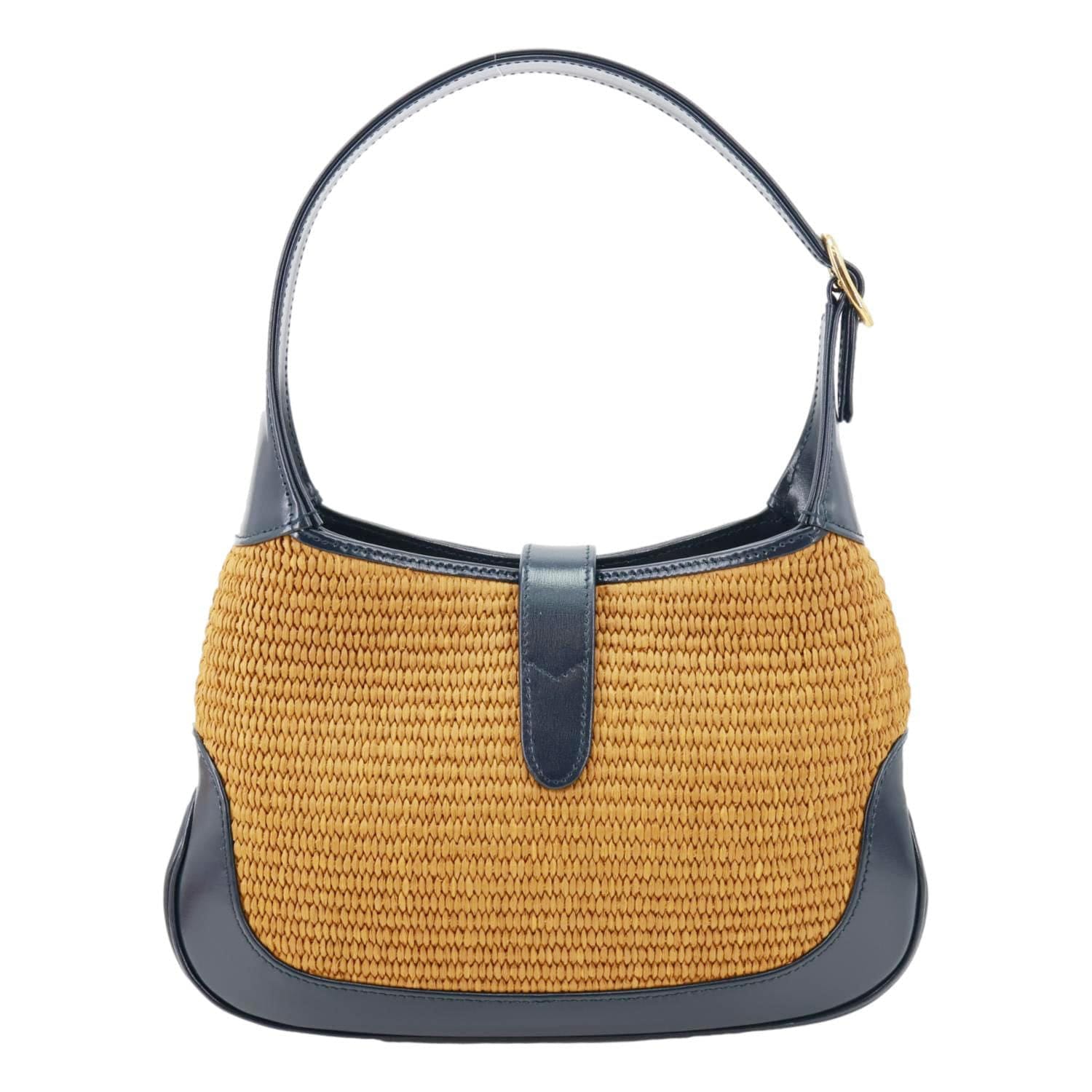 GUCCI Jackie 1961 Small Raffia Straw Lux Shoulder Bag Navy Blue 636706