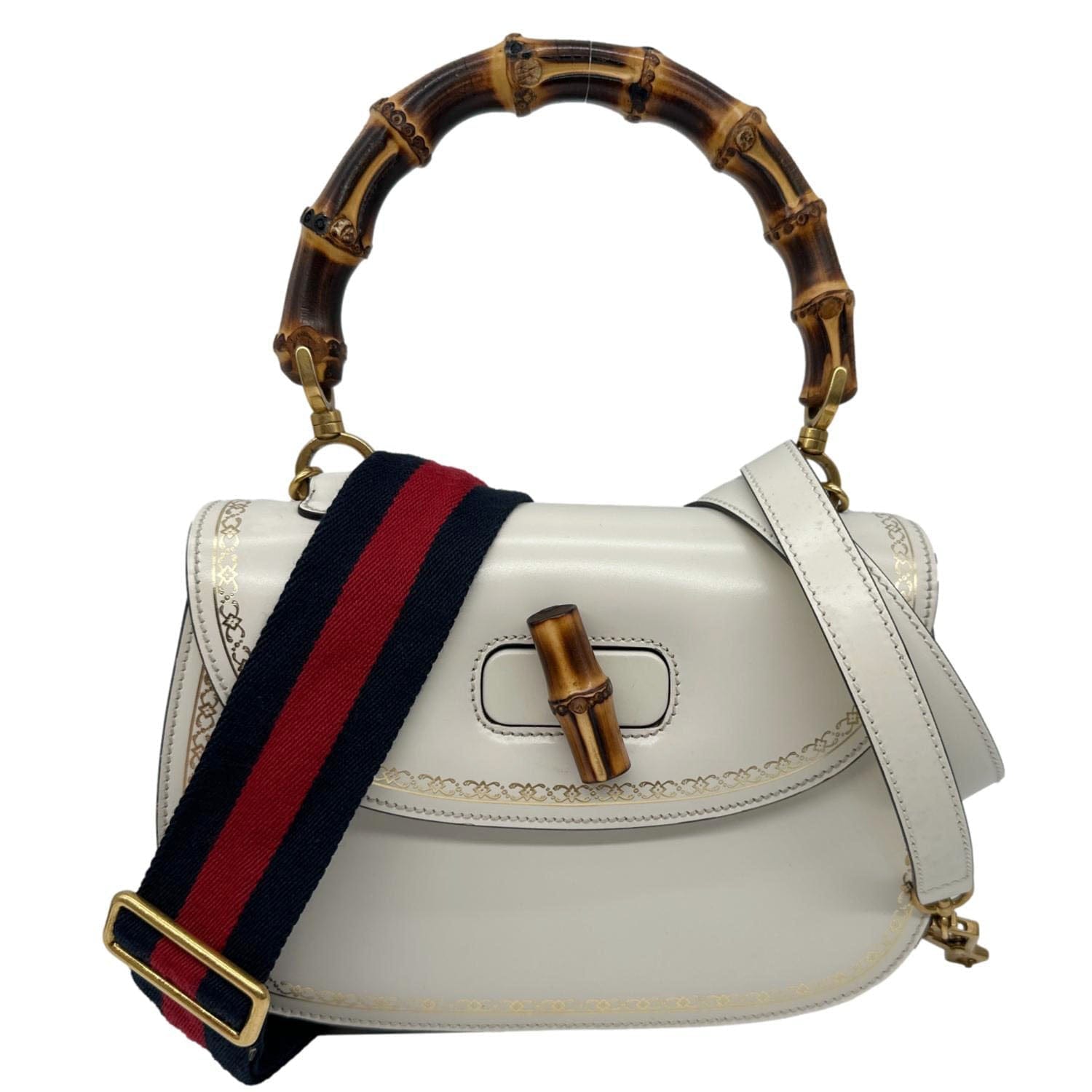 GUCCI Bamboo Web Medium Printed Leather Top Handle Shoulder Bag Off White 495880