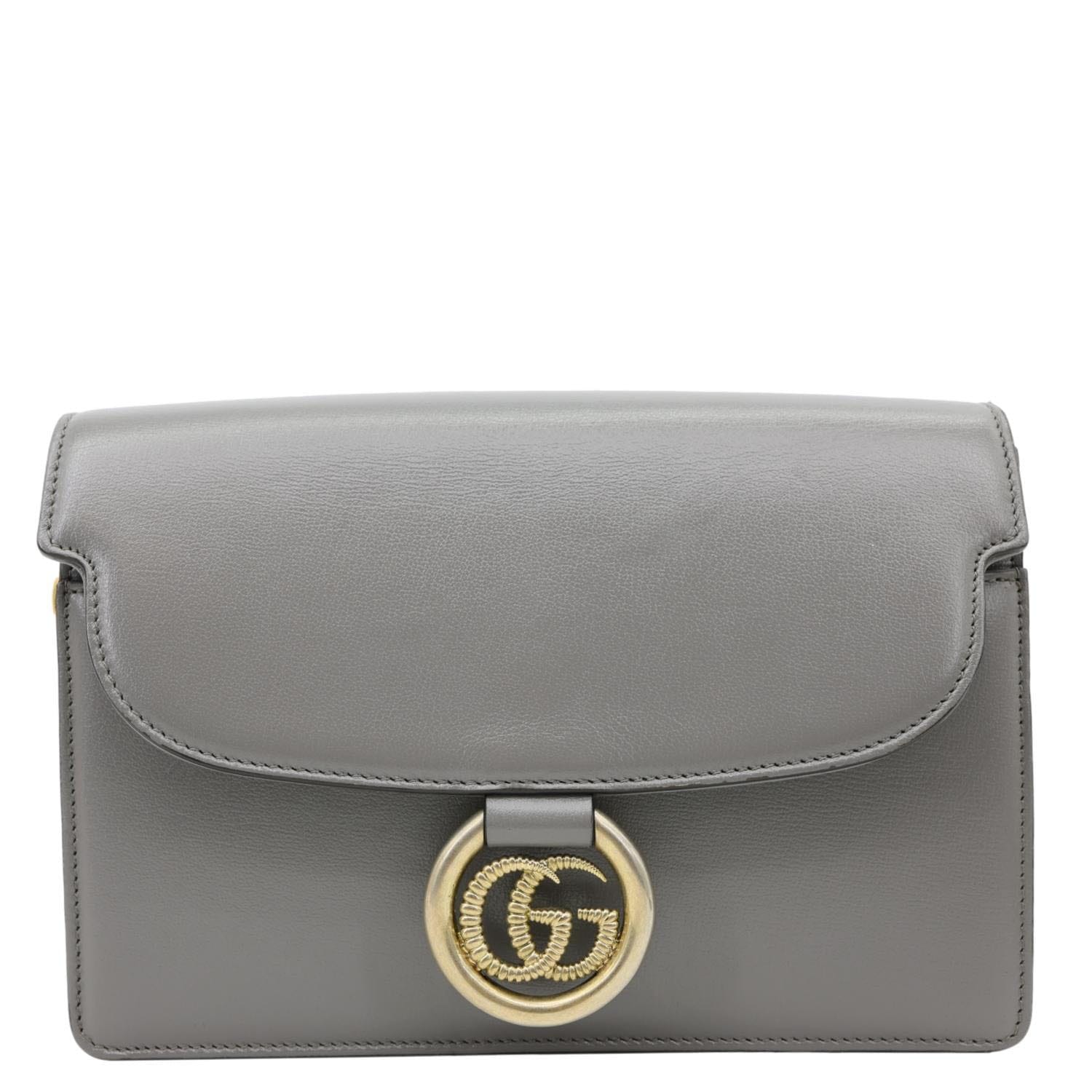 GUCCI GG Ring Leather Shoulder Bag Light Grey 589474