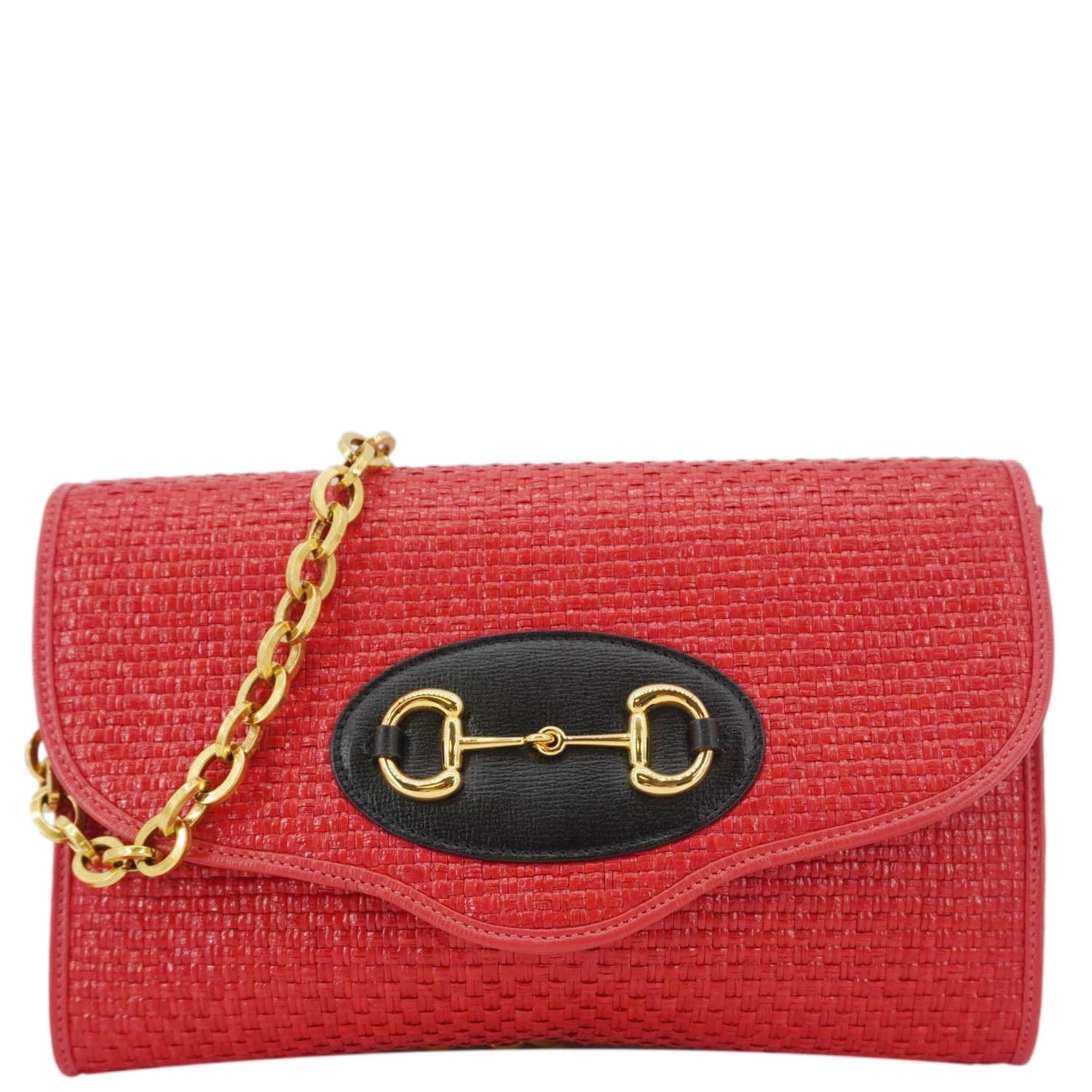 GUCCI Horsebit 1955 Straw Shoulder Bag Red 655667