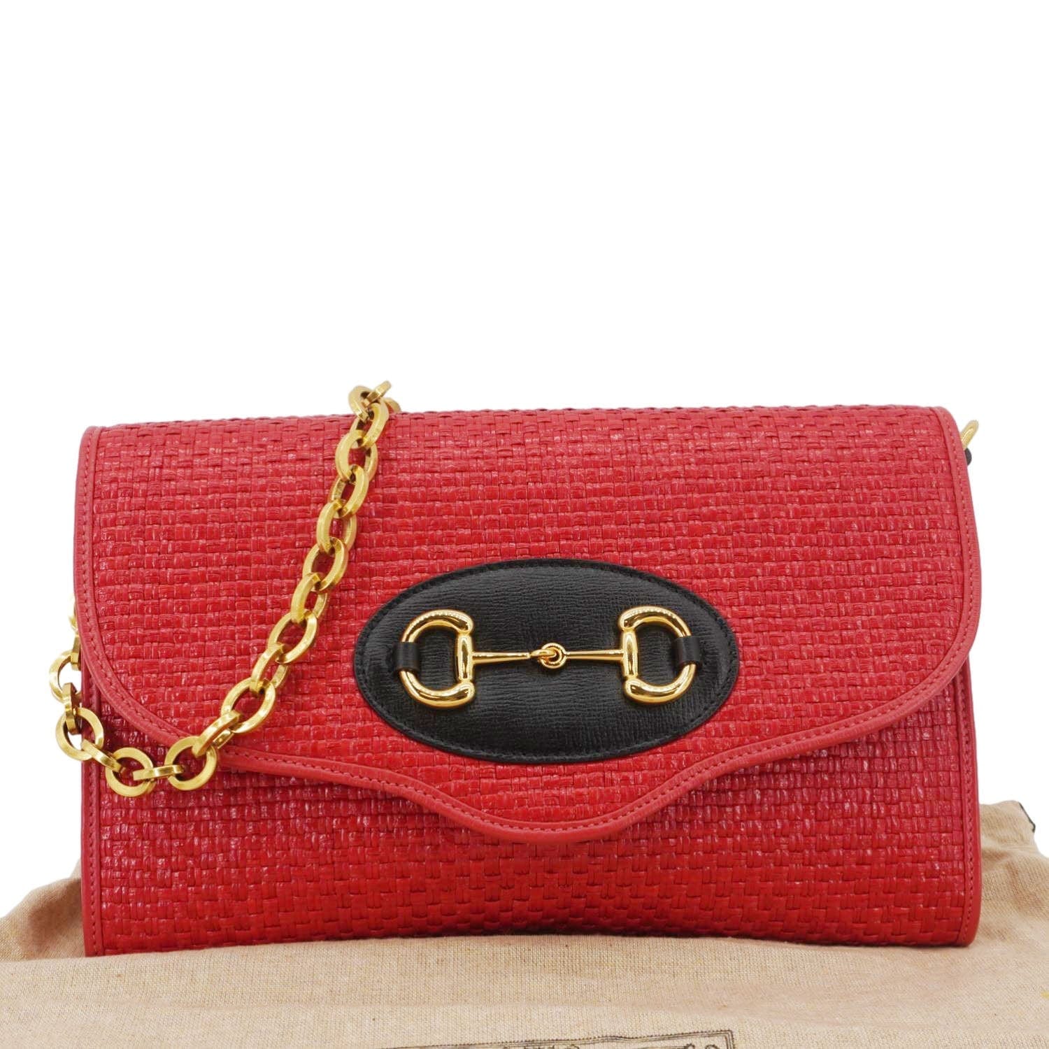 GUCCI Horsebit 1955 Straw Shoulder Bag Red 655667