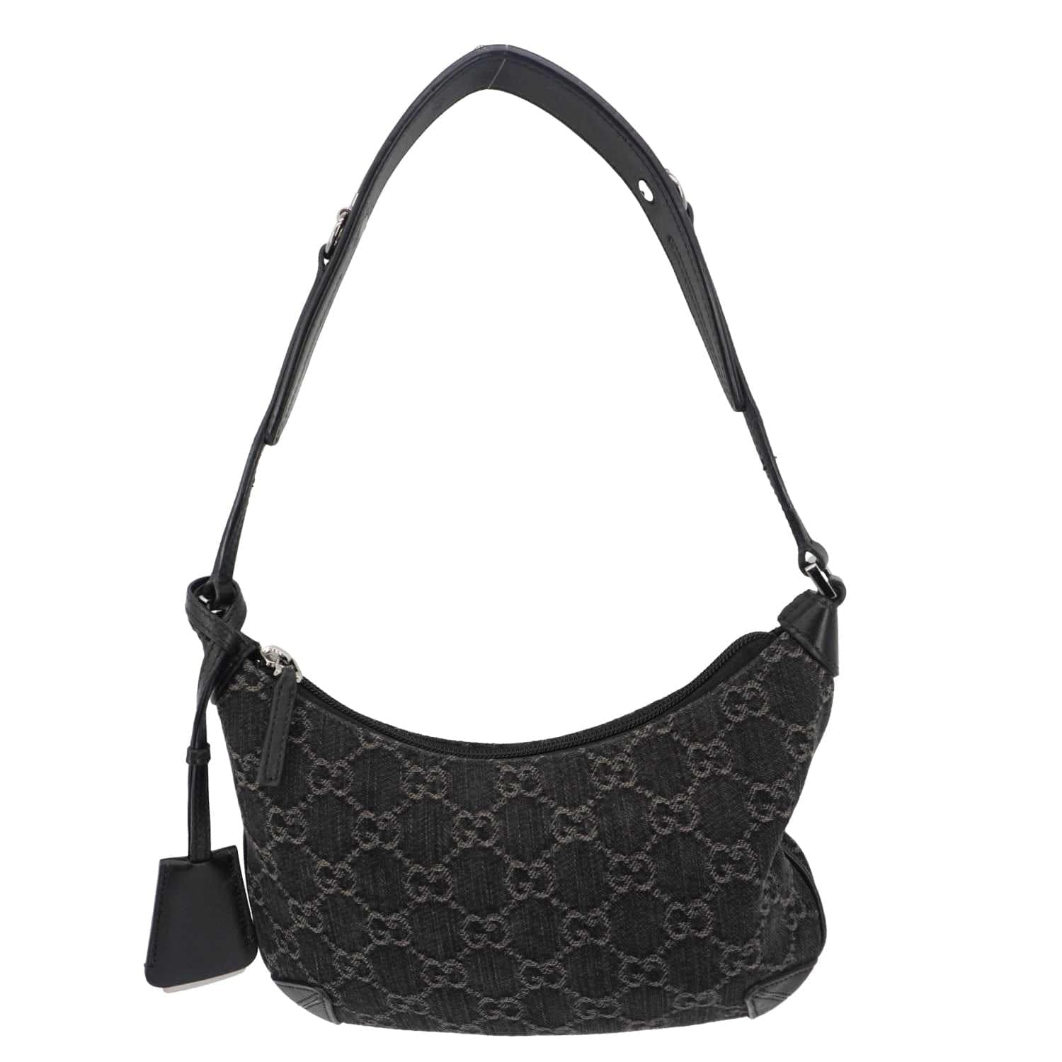 GUCCI Horsebit Slim Small GG Monogram Denim Hobo Shoulder Bag Black 774719