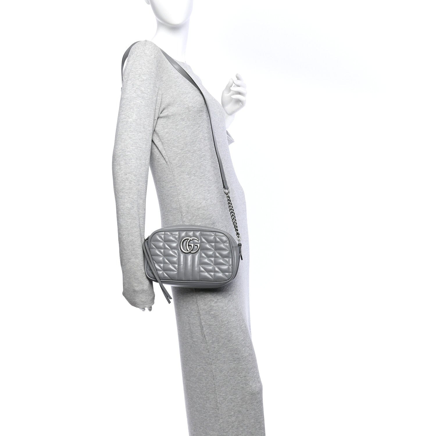 Gucci Calfskin Matelasse Aria Small GG Marmont Chain Shoulder Bag Deep Grey
