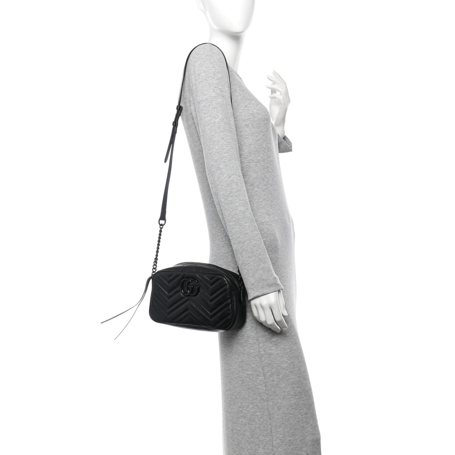 Gucci Calfskin Matelasse Monochrome Small GG Marmont Chain Shoulder Bag Black