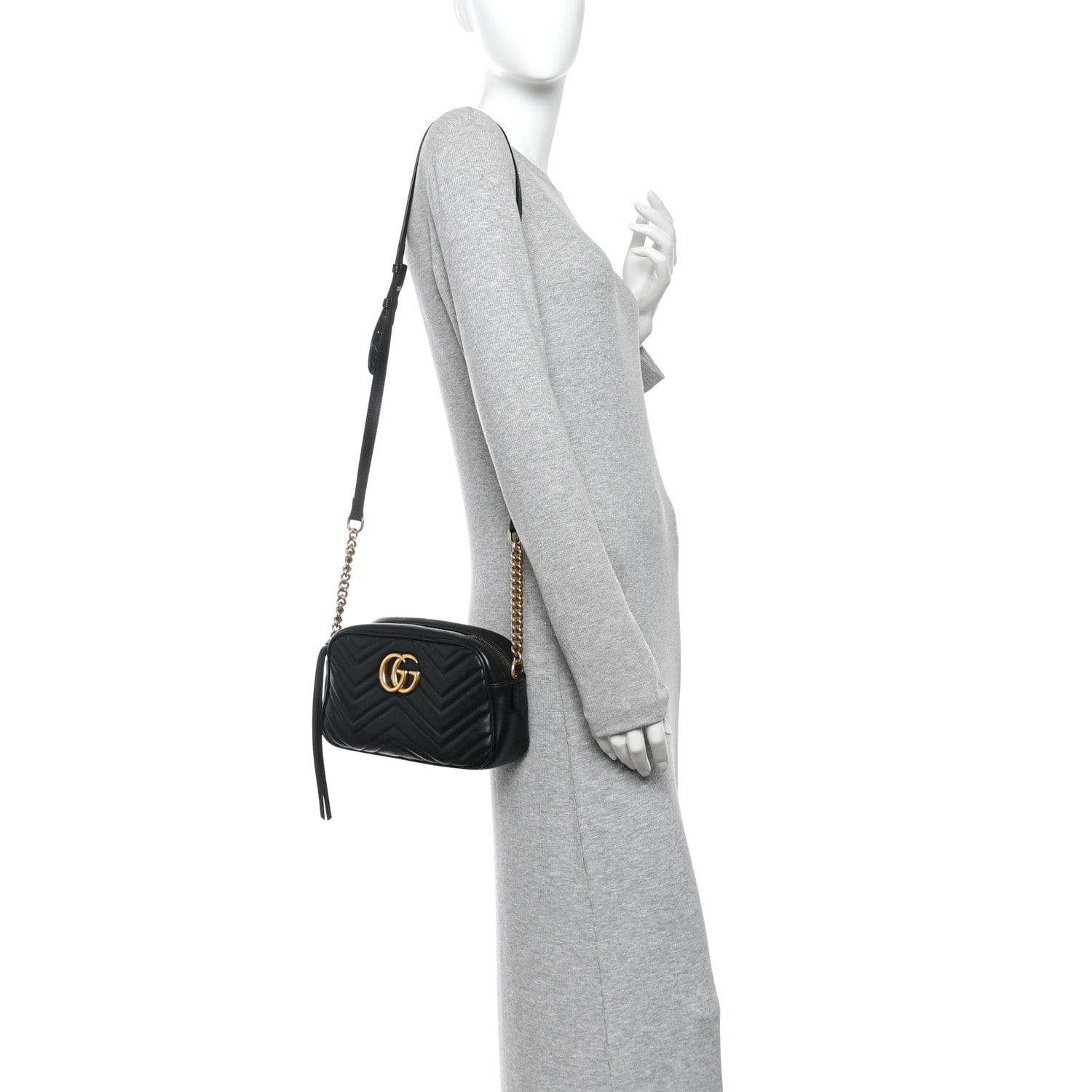 Gucci Calfskin Matelasse Small GG Marmont Chain Shoulder Bag Black