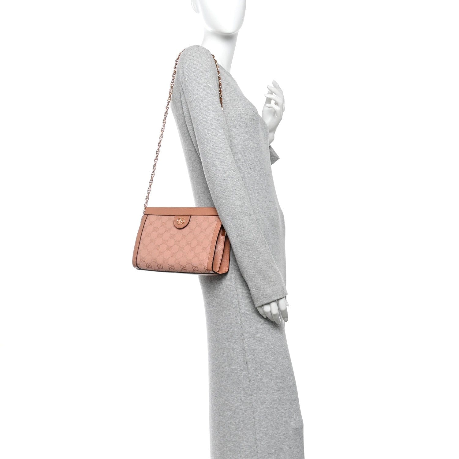 Gucci Monogram Textured Dollar Calfskin Small Ophidia Chain Shoulder Bag Cloche Rose Pink