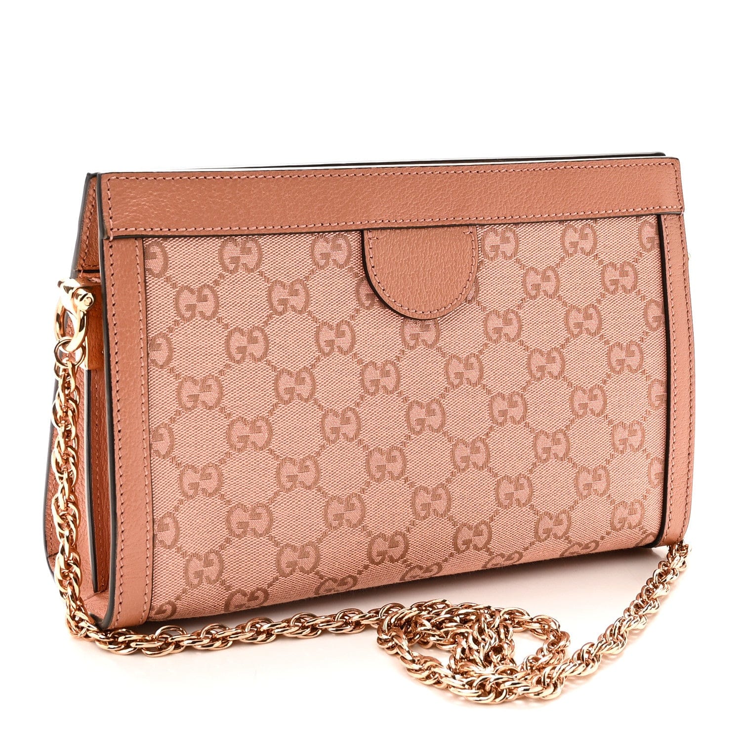 Gucci Monogram Textured Dollar Calfskin Small Ophidia Chain Shoulder Bag Cloche Rose Pink