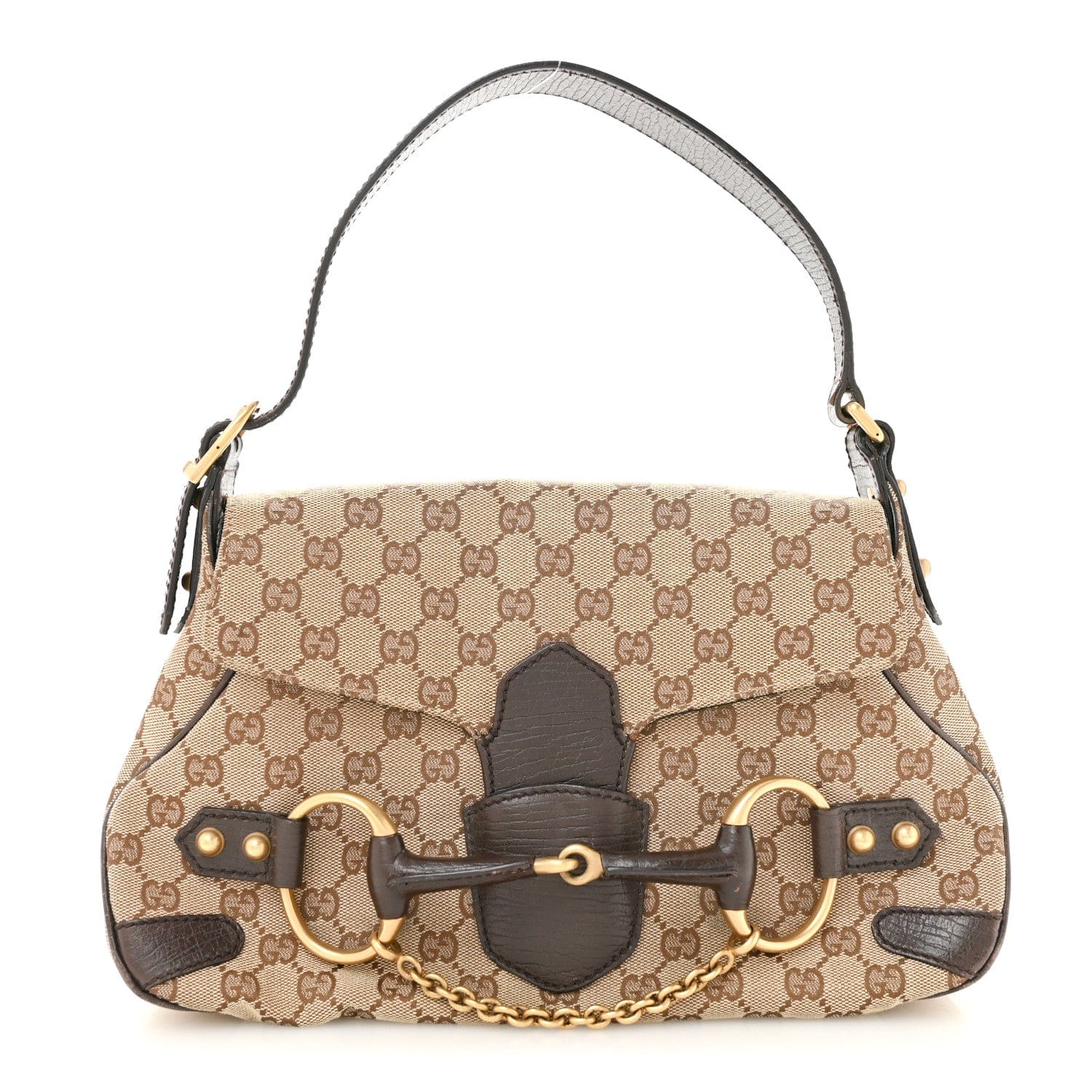 Gucci Monogram Horsebit Chain Flap Shoulder Bag Brown