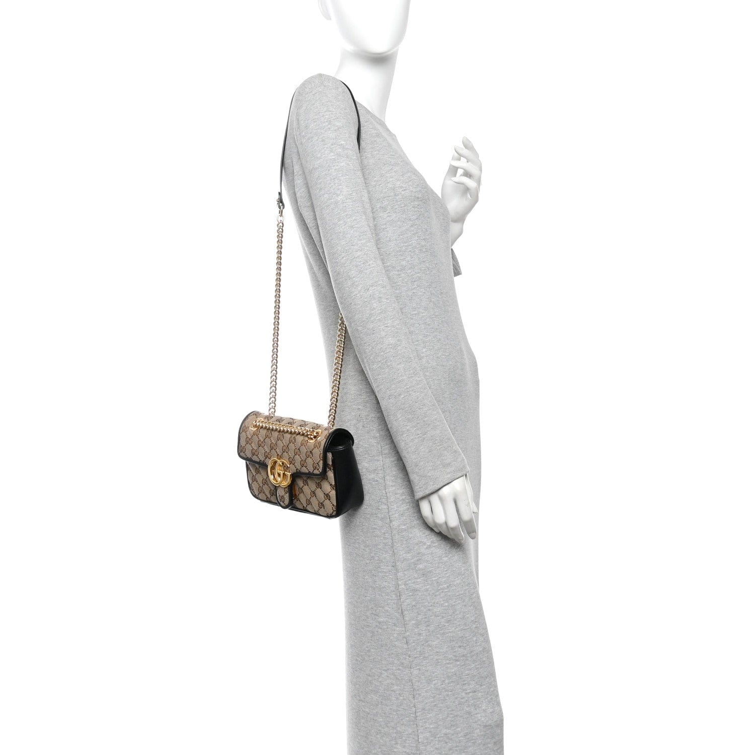 Gucci Monogram Matelasse Diagonal Mini GG Marmont Shoulder Bag Beige Black