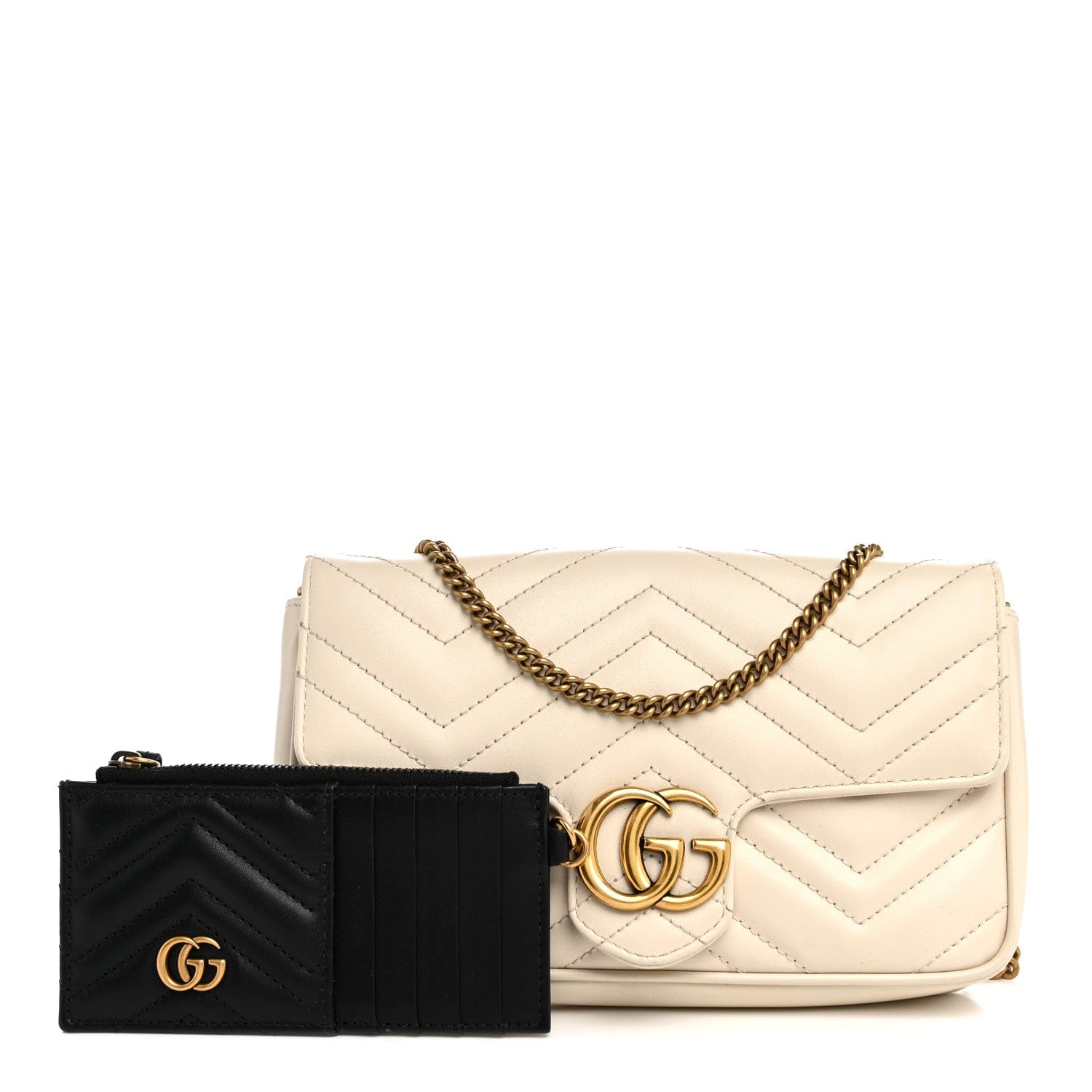Gucci Calfskin Matelasse Mini GG Marmont Shoulder Bag With Card Holder White Black
