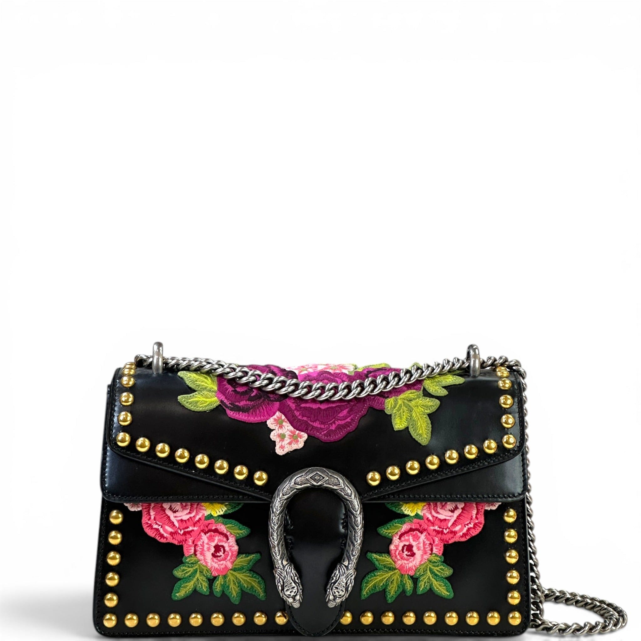 Gucci Dionysus Shoulder Bag Black Leather Studded Floral Embroidery