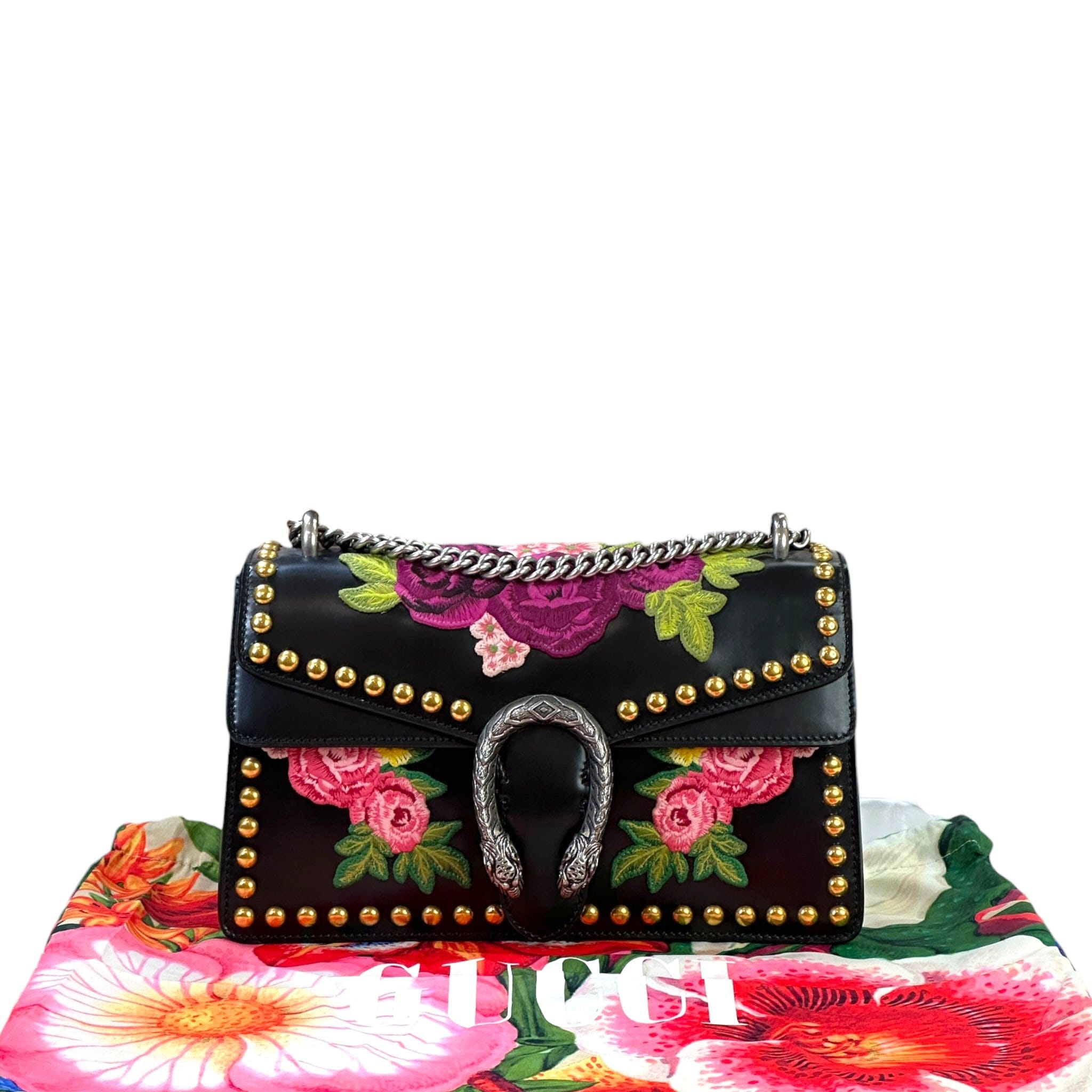 Gucci Dionysus Shoulder Bag Black Leather Studded Floral Embroidery