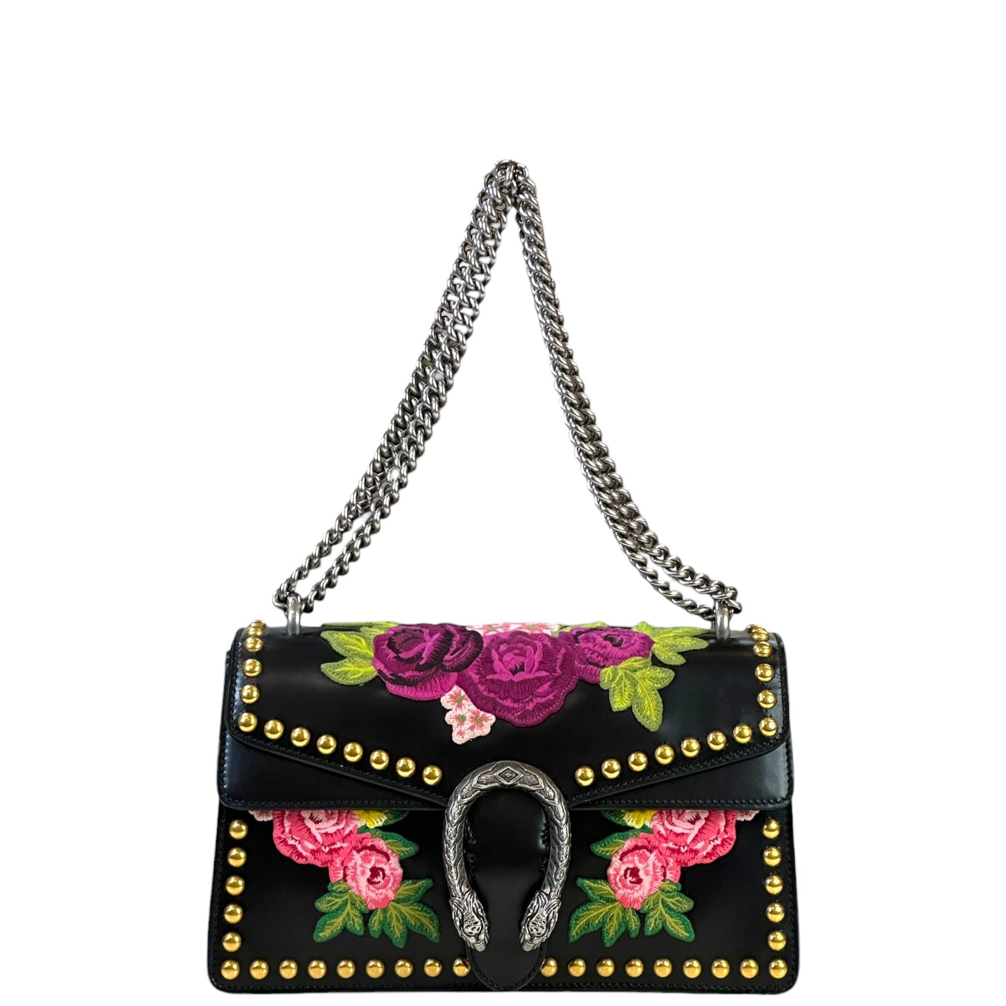 Gucci Dionysus Shoulder Bag Black Leather Studded Floral Embroidery
