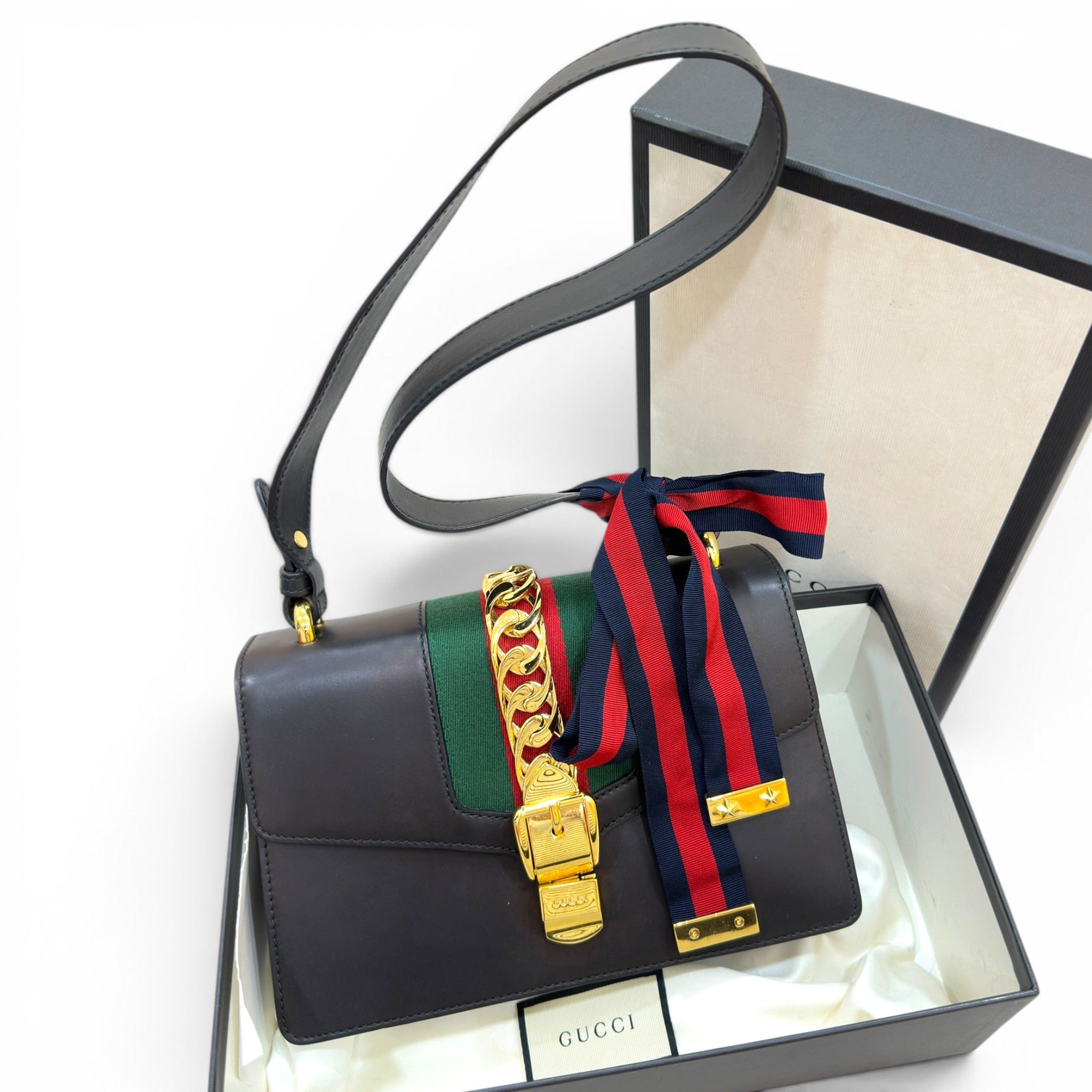 Gucci Sylvie Flap Black Leather Shoulder Bag