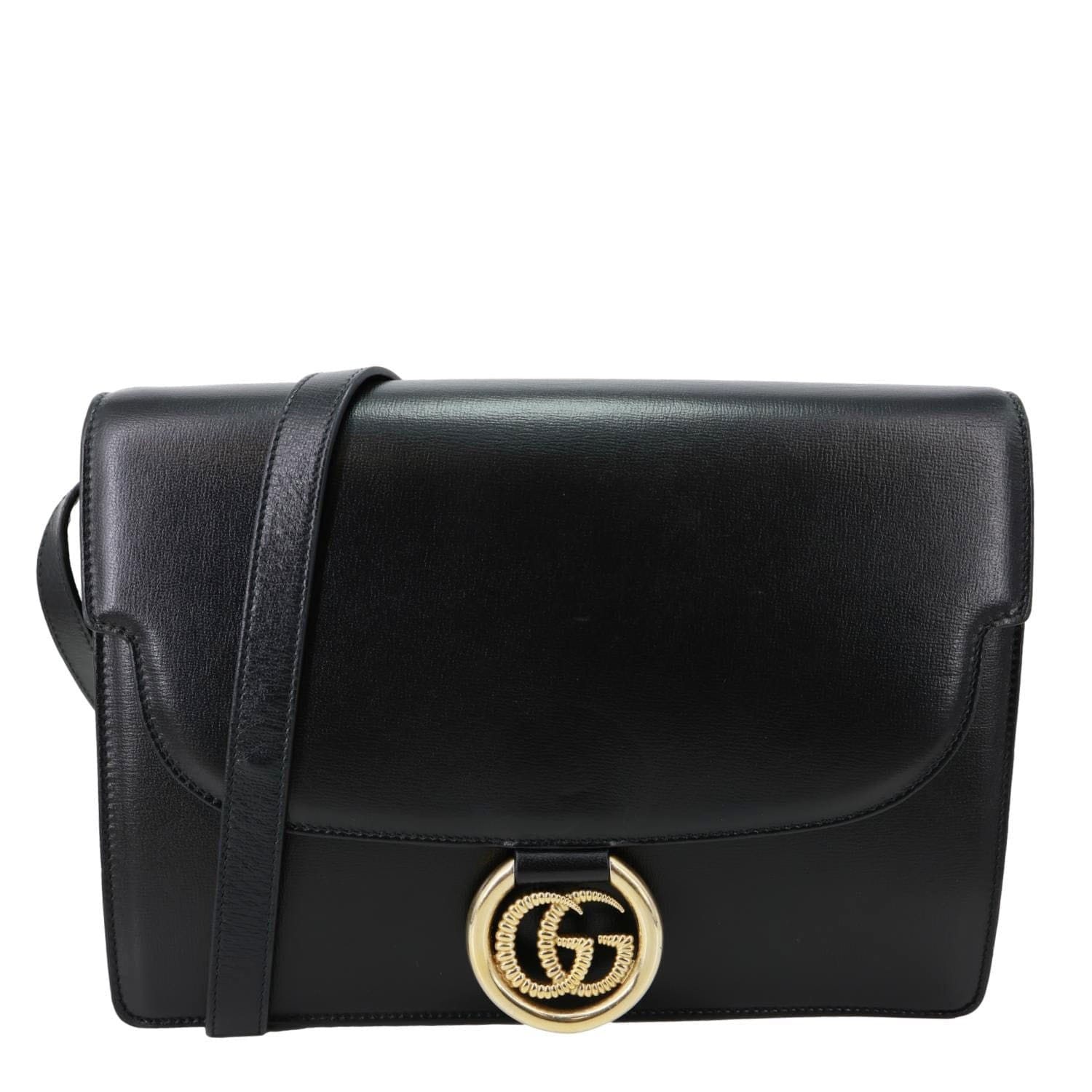 GUCCI Torchon GG Ring Medium Leather Shoulder Bag Black 589471