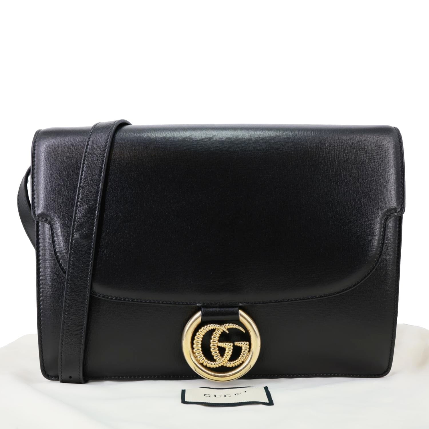 GUCCI Torchon GG Ring Medium Leather Shoulder Bag Black 589471