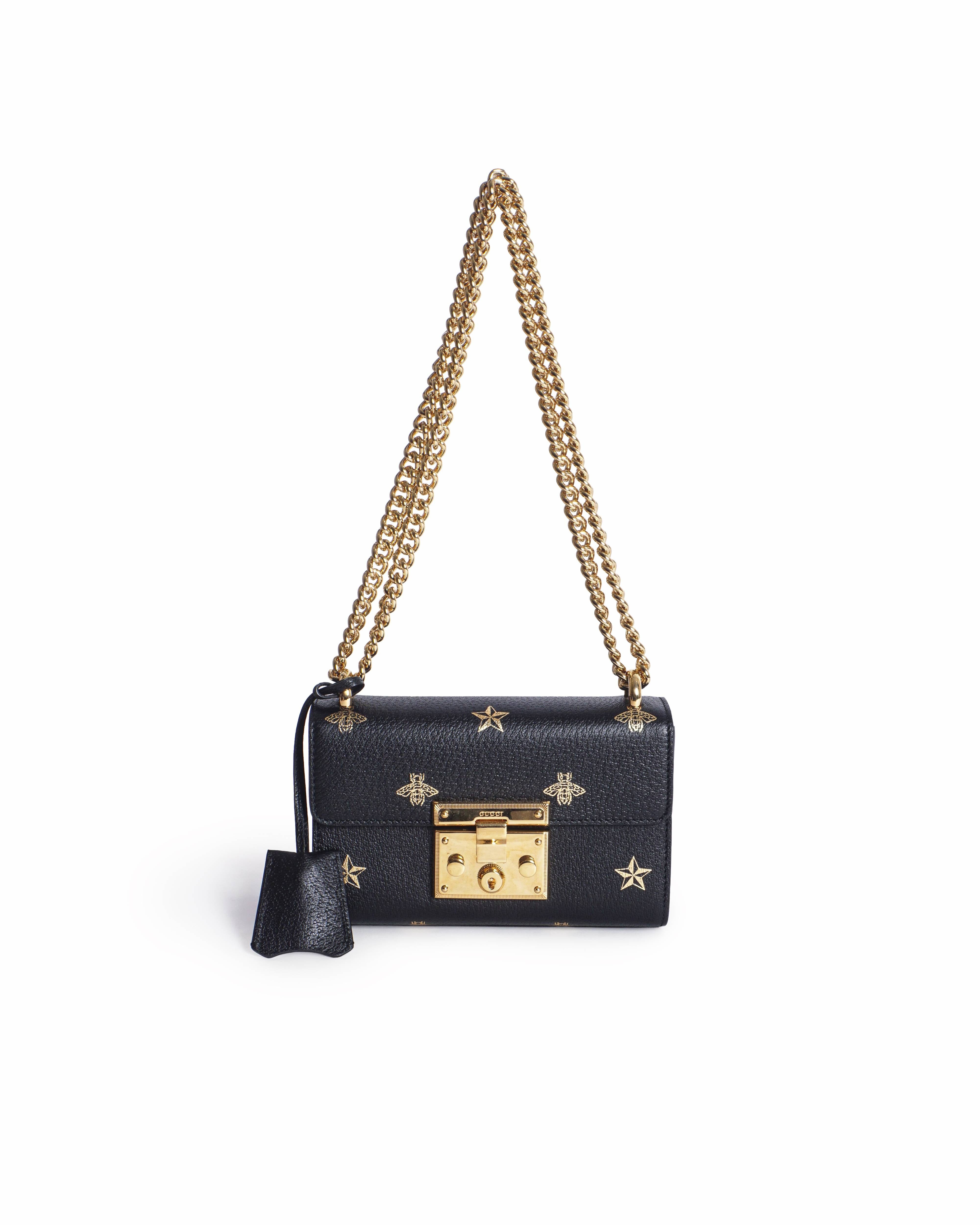 Gucci Black Gold Grained Leather Padlock Bee Star Shoulder Bag