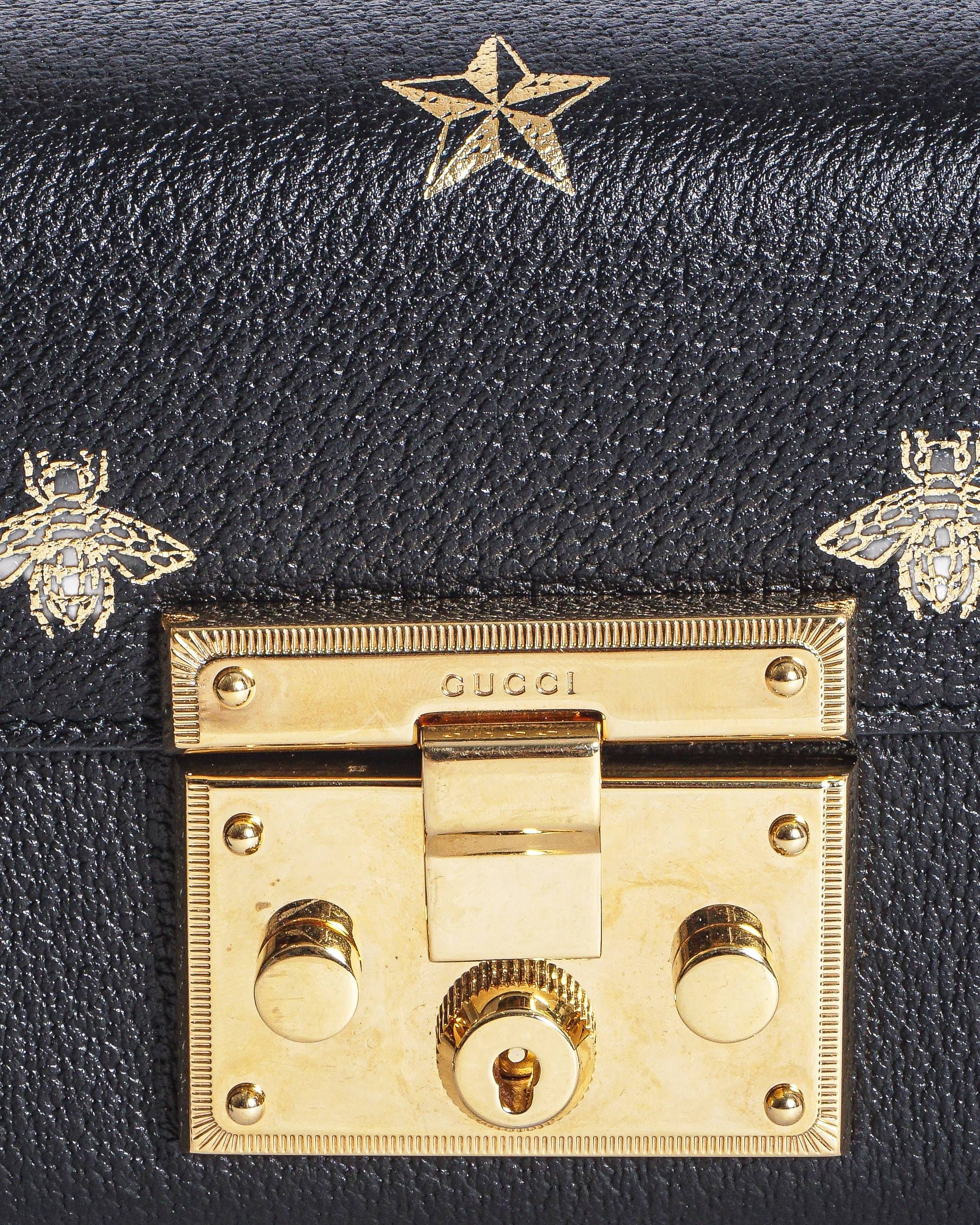 Gucci Black Gold Grained Leather Padlock Bee Star Shoulder Bag