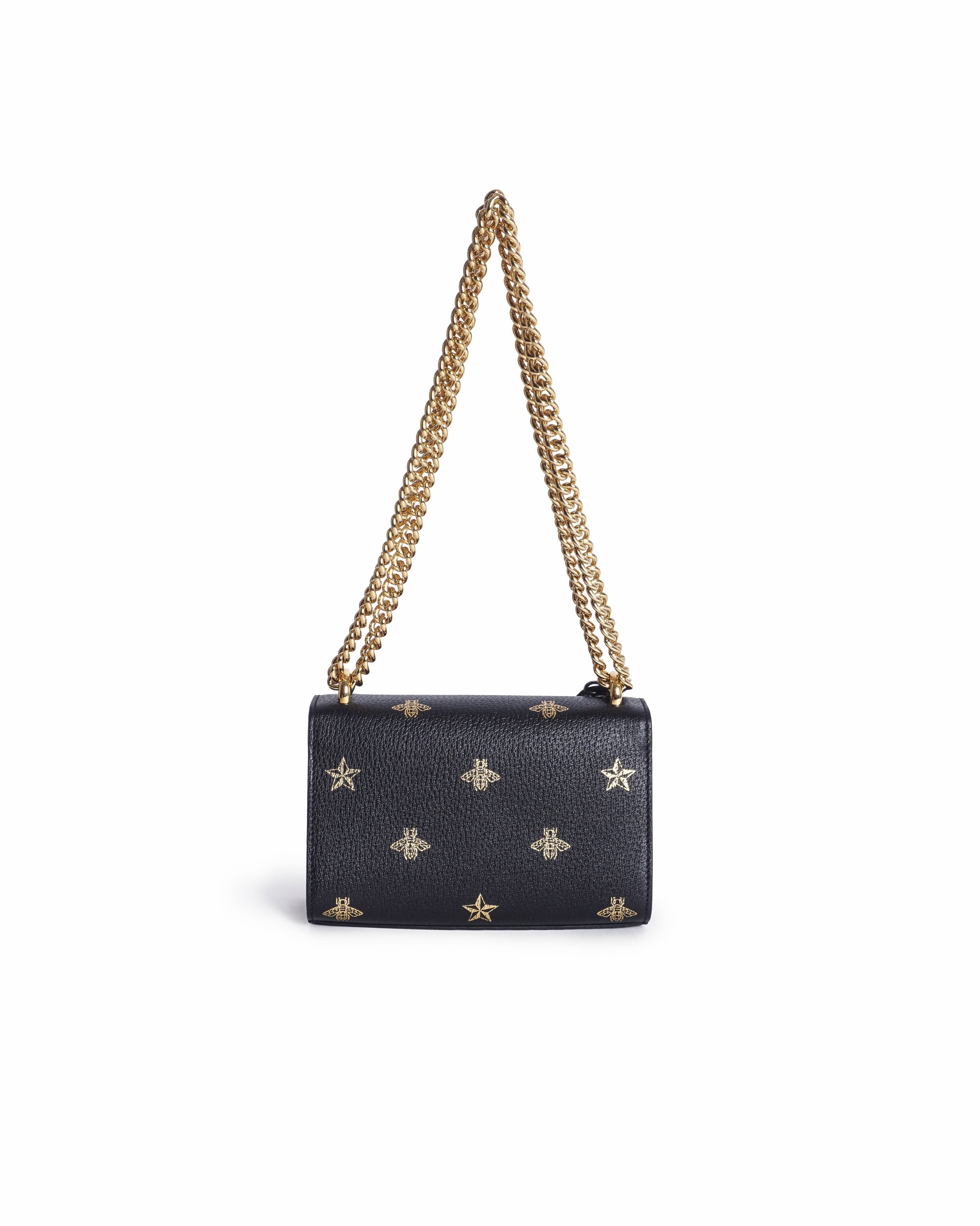 Gucci Black Gold Grained Leather Padlock Bee Star Shoulder Bag